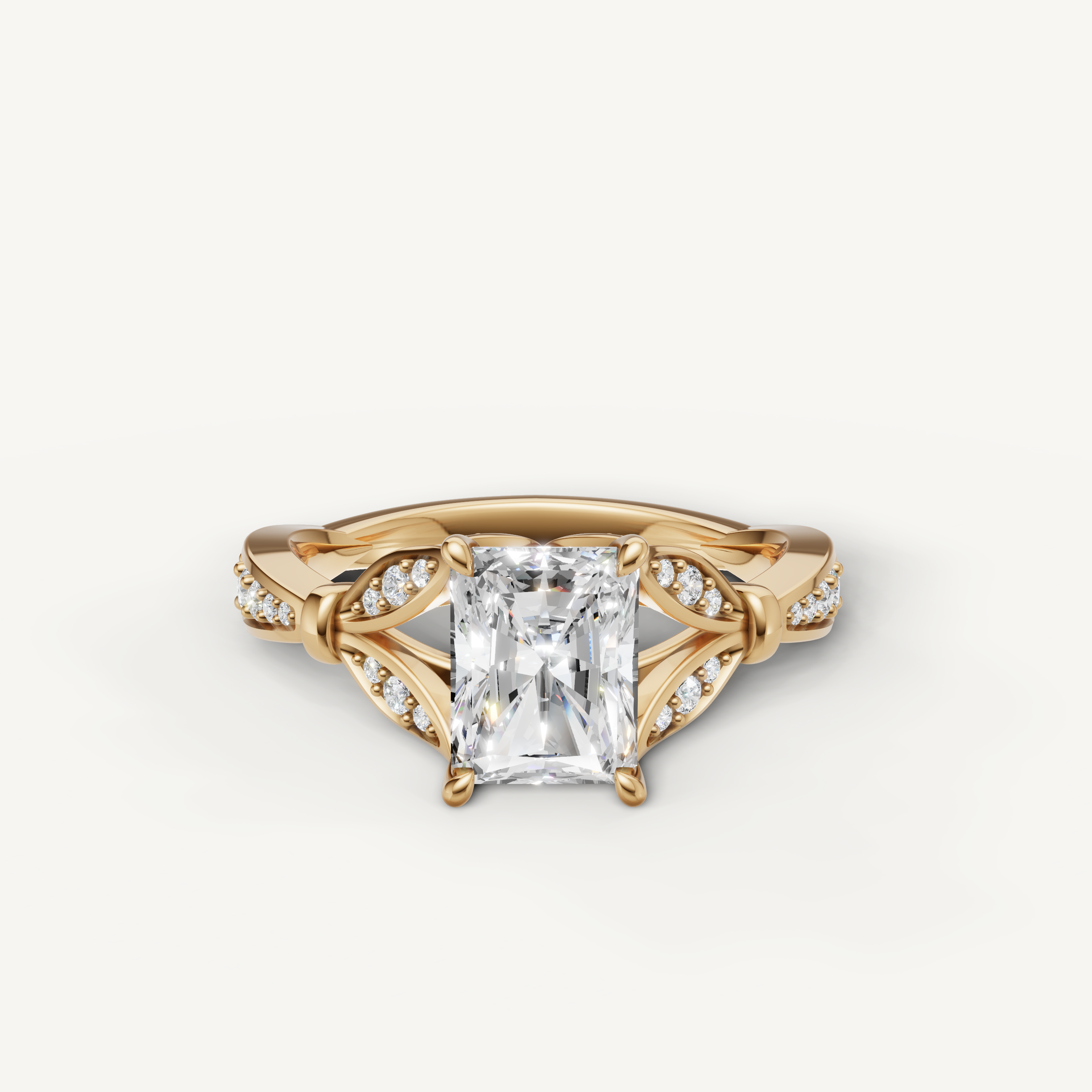 radiant cut lab grown diamond engagement ring with vintage filigree pavé band yellow gold