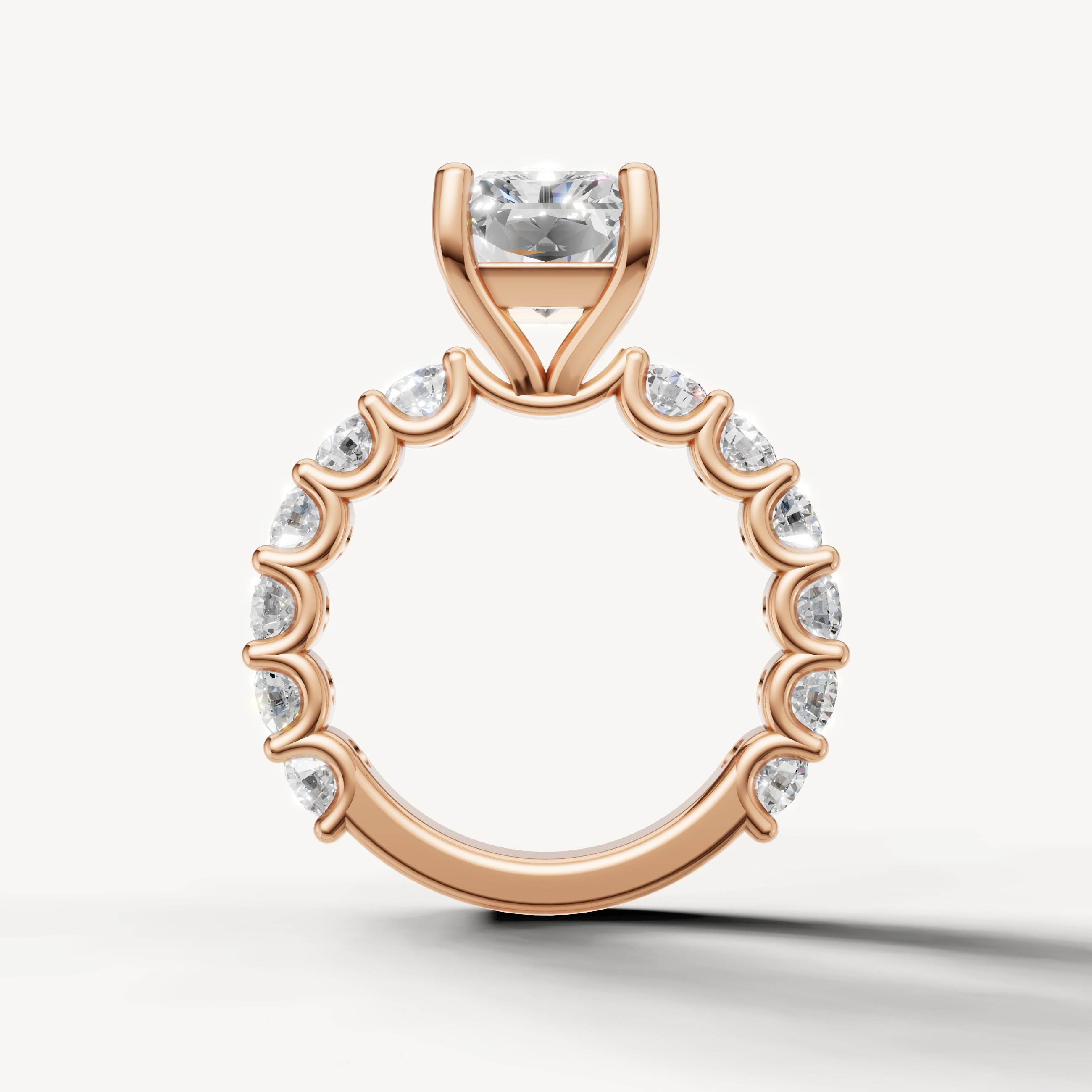 Stylish radiant cut engagement ring with full eternity band rose gold profile