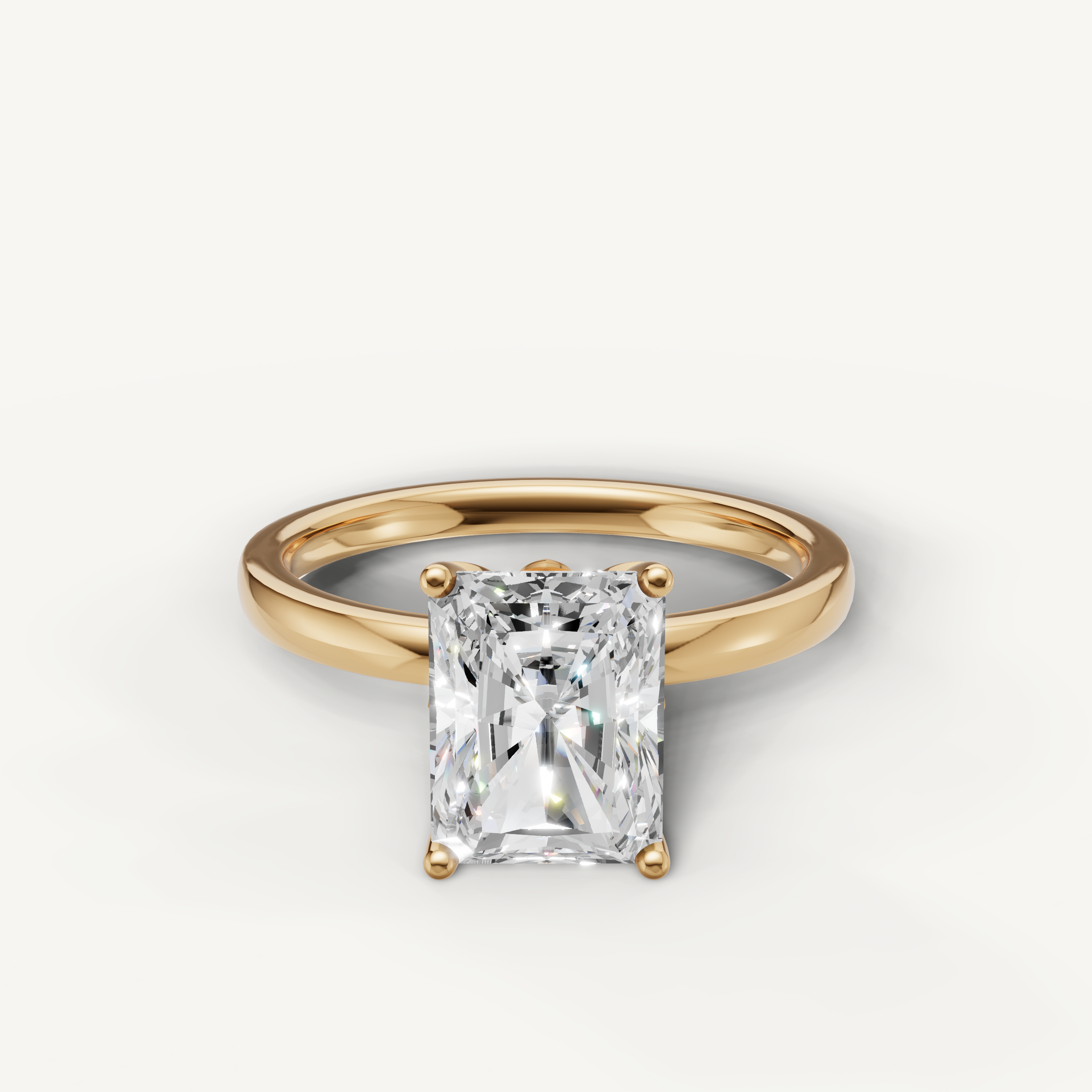 Radiant cut lab grown diamond solitaire engagement ring in yellow gold minimalist 4 prong setting