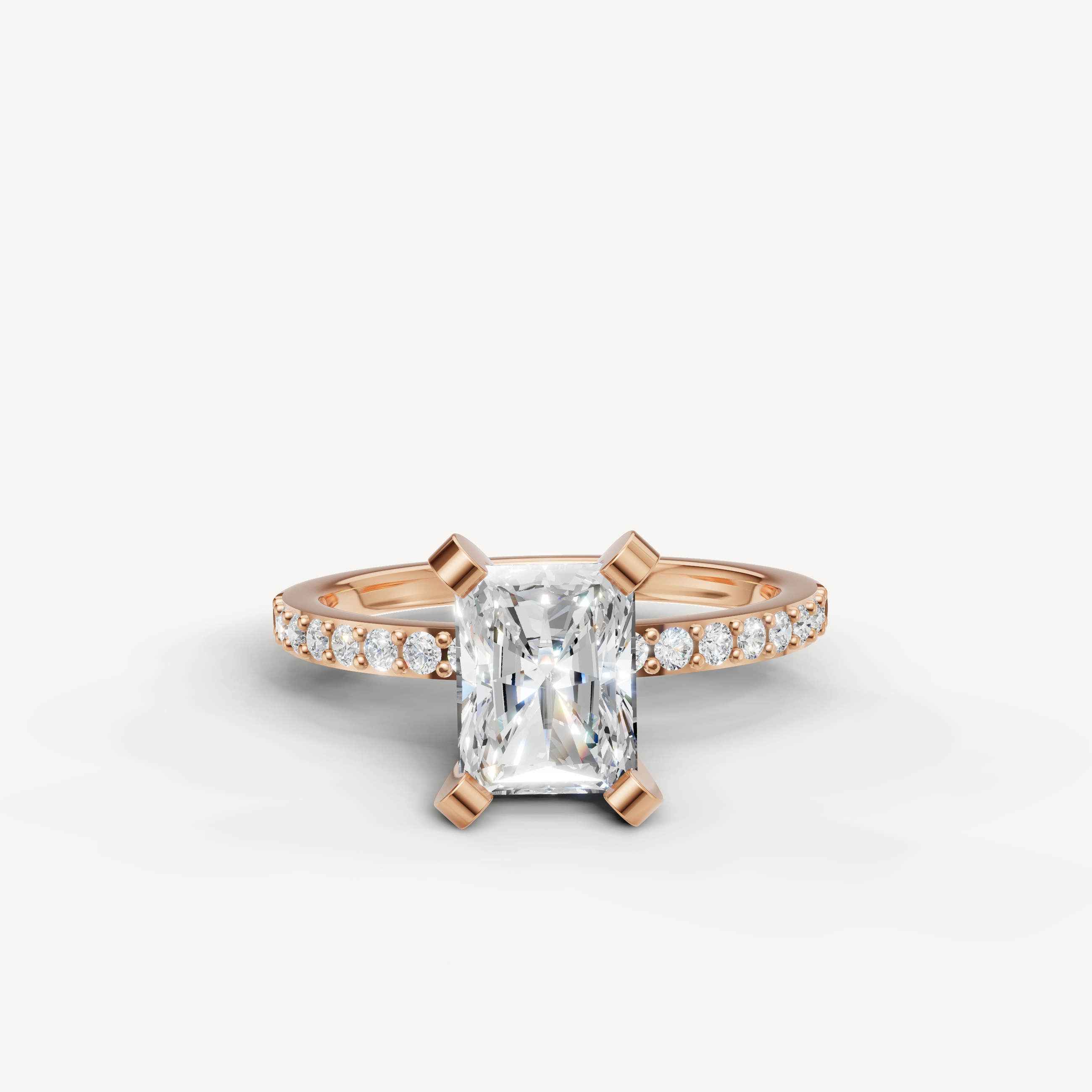 Radiant cut lab grown diamond engagement ring in 14K rose gold pavé band