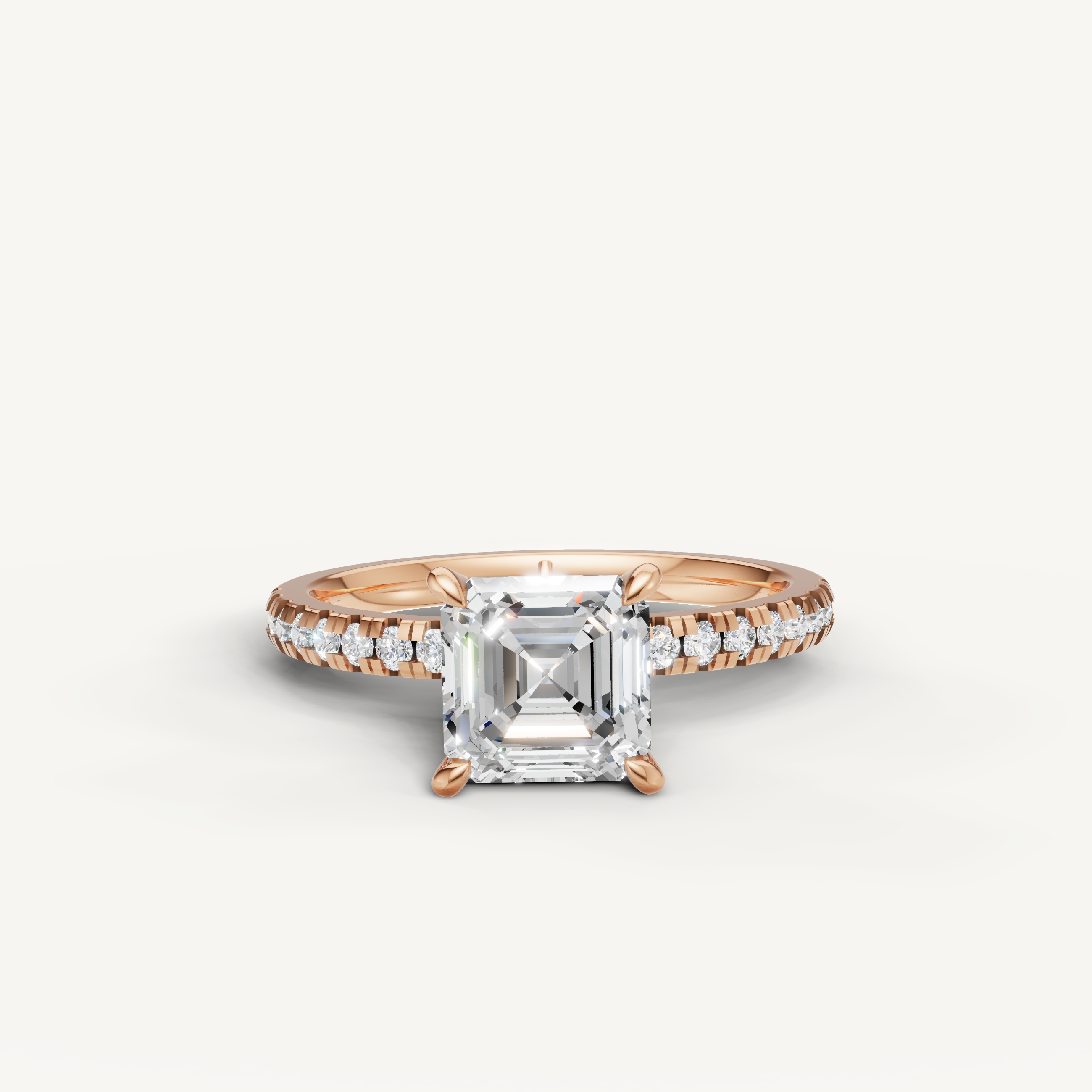Asscher cut lab grown diamond engagement ring with pavé band rose gold 4 prong setting