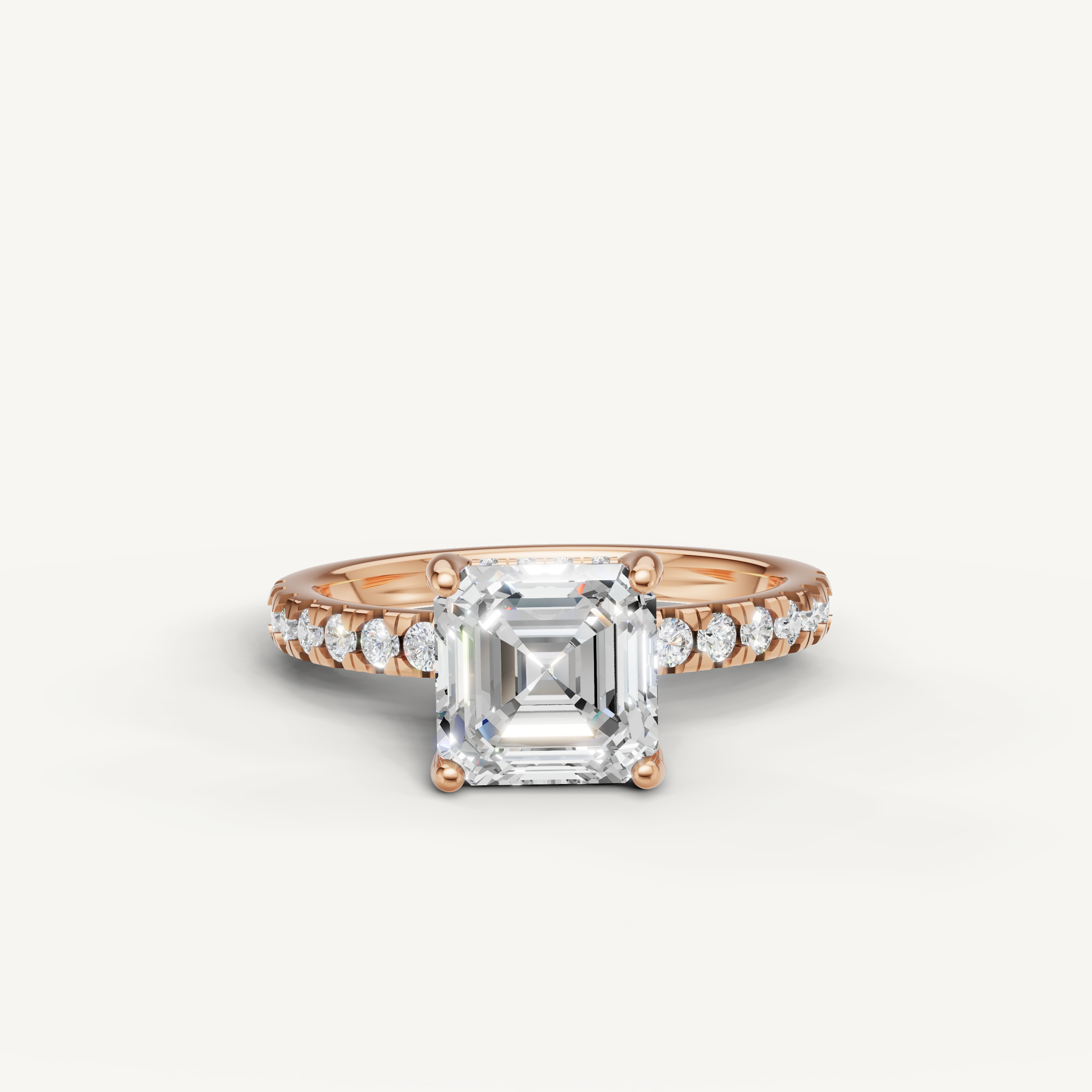 Asscher cut lab grown diamond engagement ring with pavé band rose gold 4 prong setting