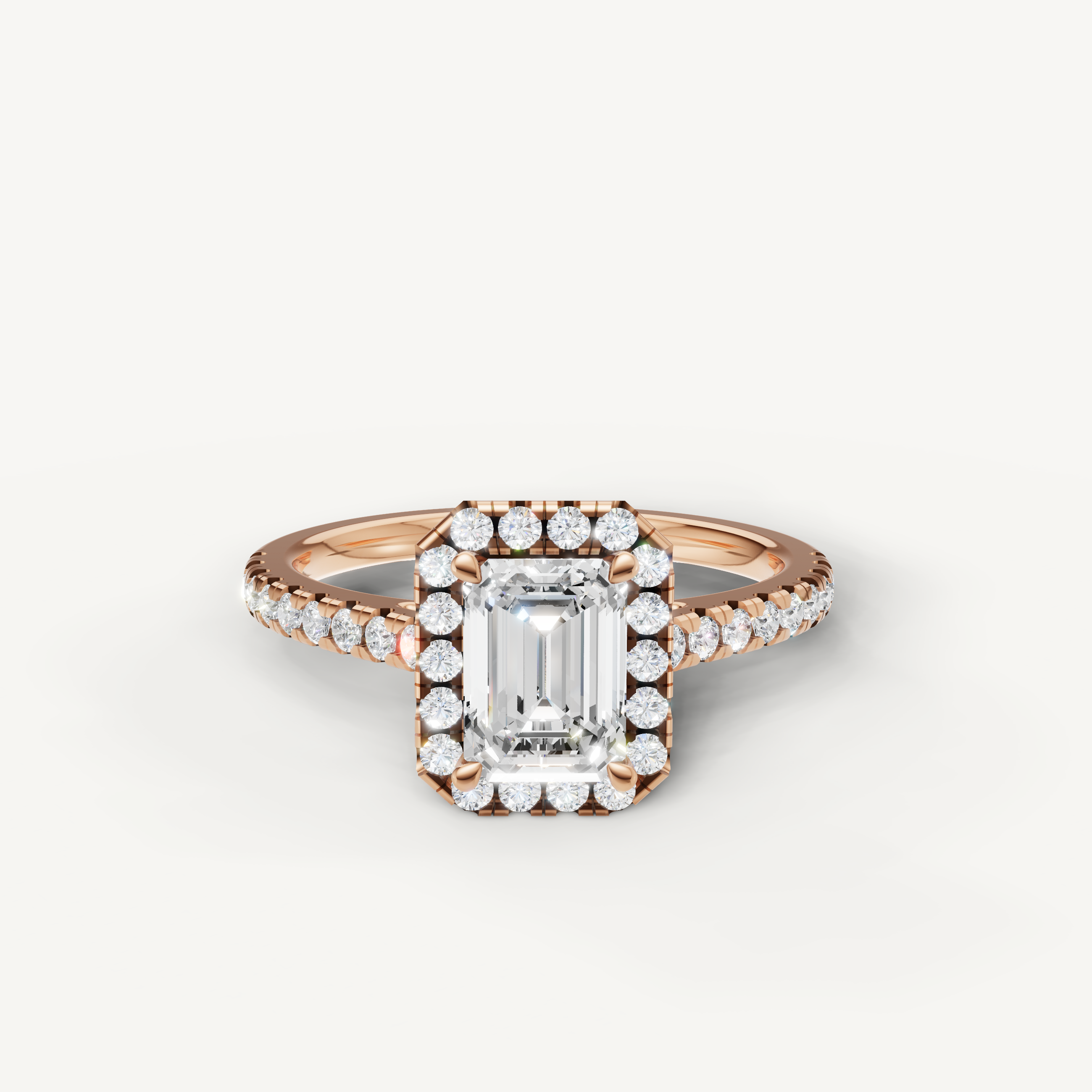 emerald cut lab grown diamond halo engagement ring with pavé band in 14k rose gold