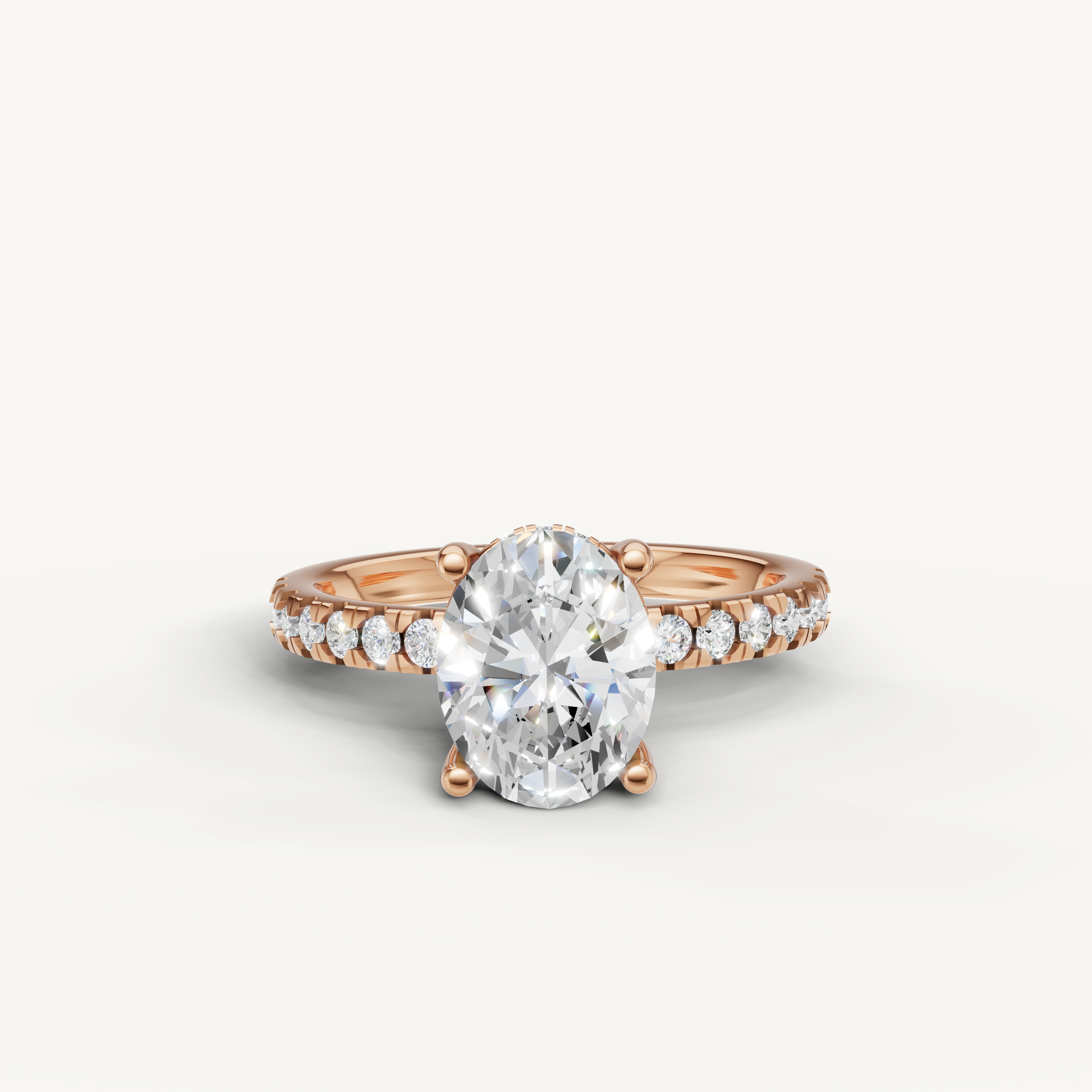 oval cut lab grown diamond engagement ring with pavé band rose gold