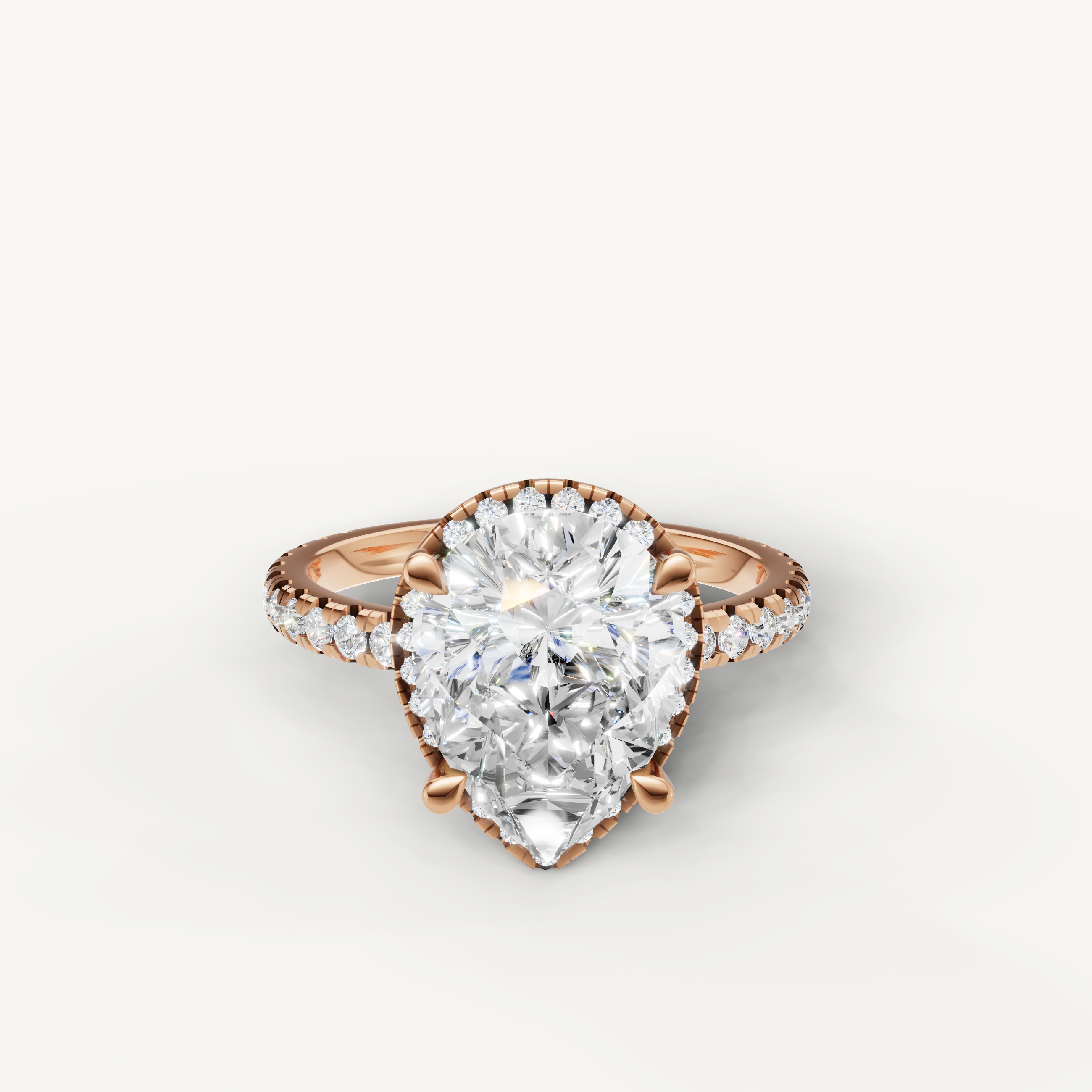 Pear cut lab grown diamond engagement ring with hidden halo pavé band rose gold