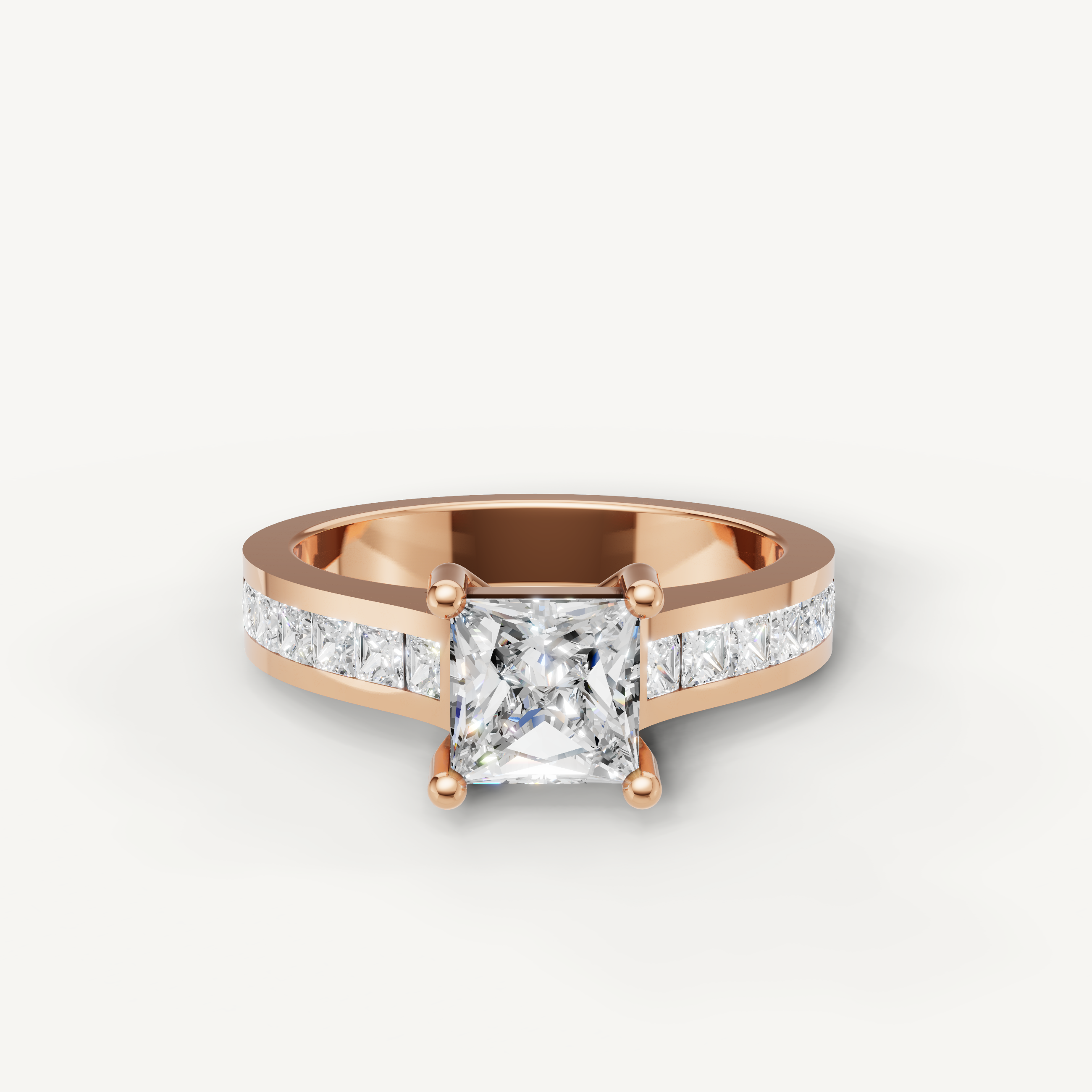 Raul Diamonds rose gold princess cut engagement ring with channel diamonds