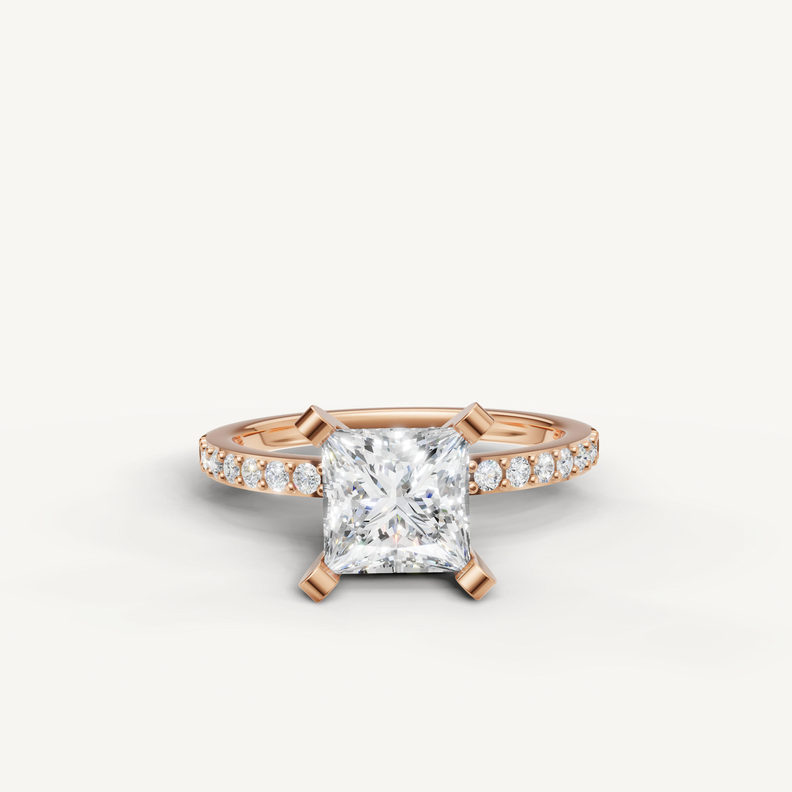 Princess cut lab grown diamond engagement ring in 14K rose gold pavé band