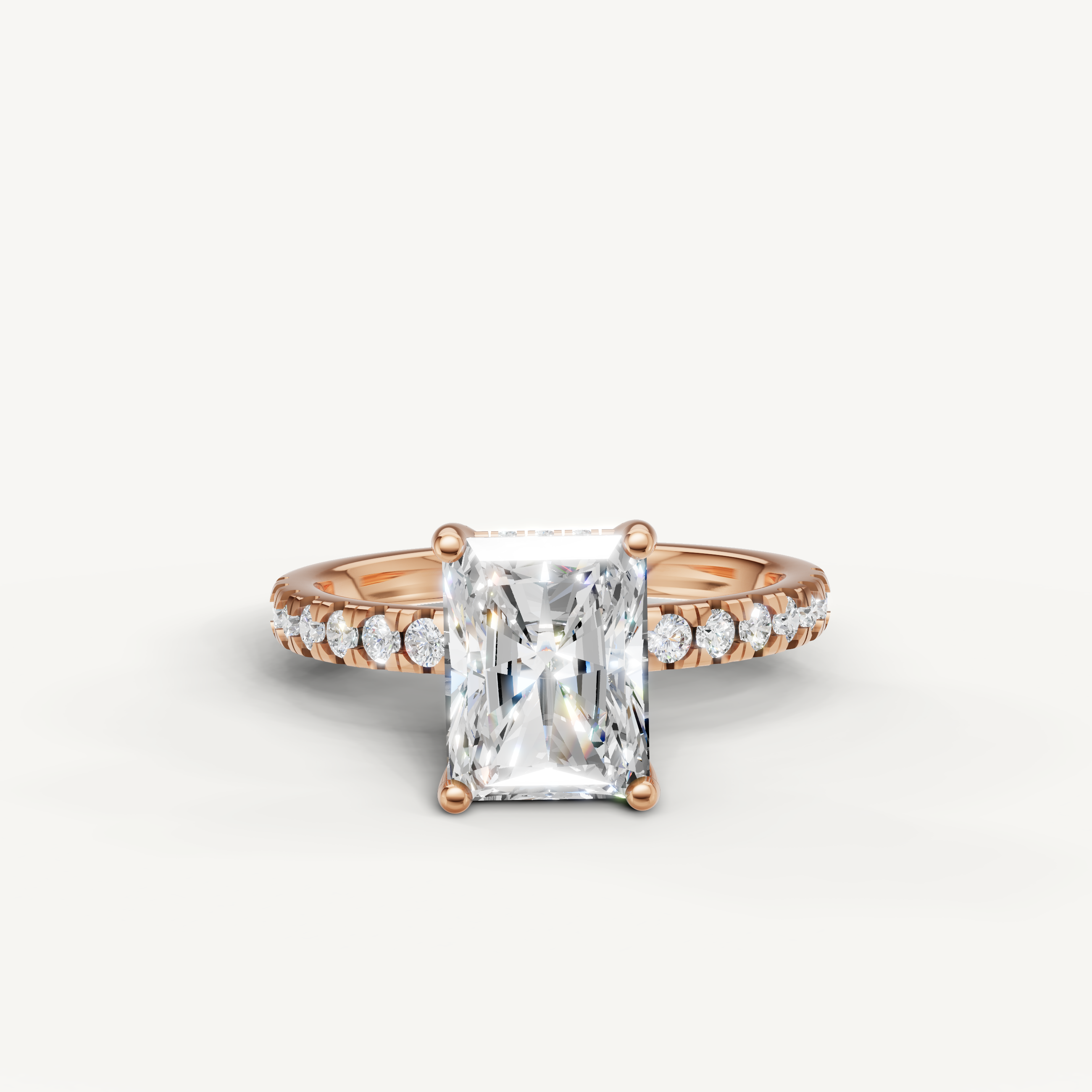 Radiant cut lab grown diamond engagement ring with pavé band rose gold 4 prong setting