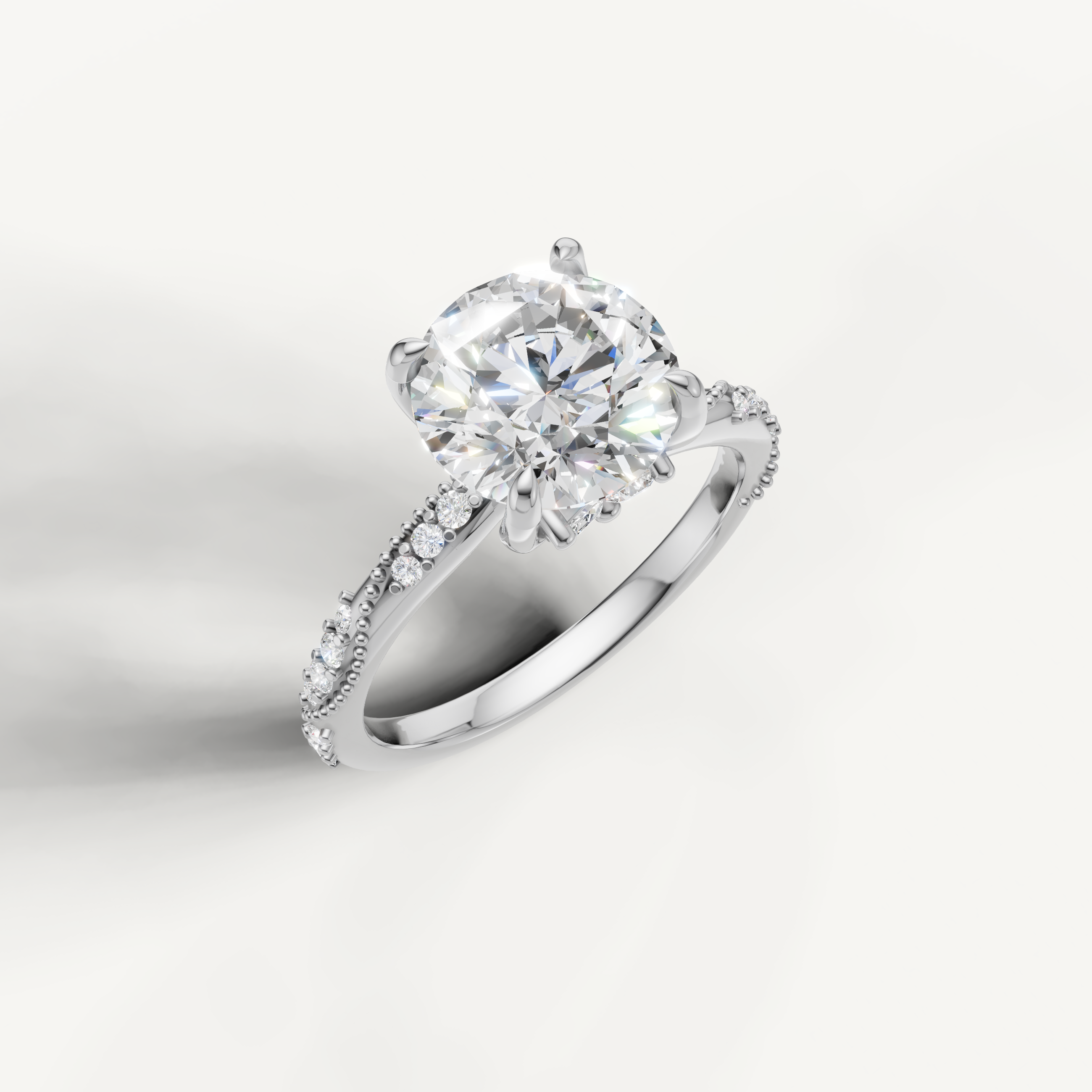 IGI certified round lab diamond ring with crossover pavé shank 14k white gold