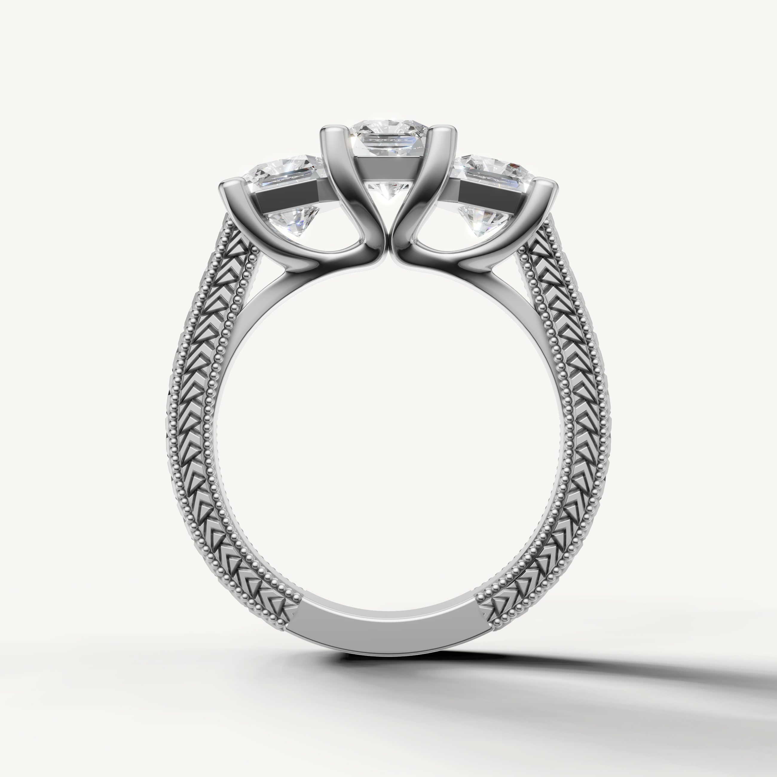 White gold round diamond ring with elegant vintage inspired band by Raul Diamonds.