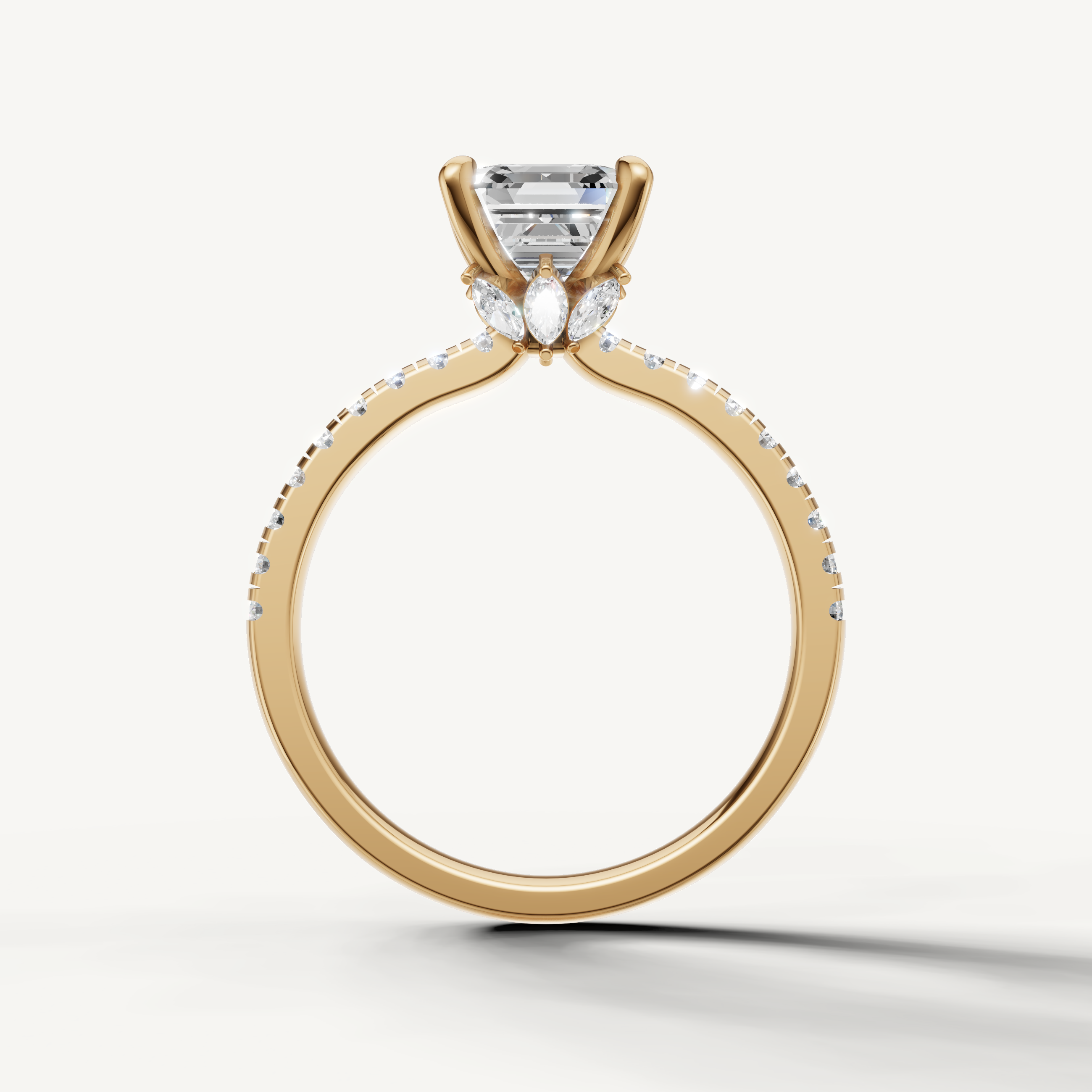 Square step cut lab grown diamond ring with pavé band yellow gold elegant design