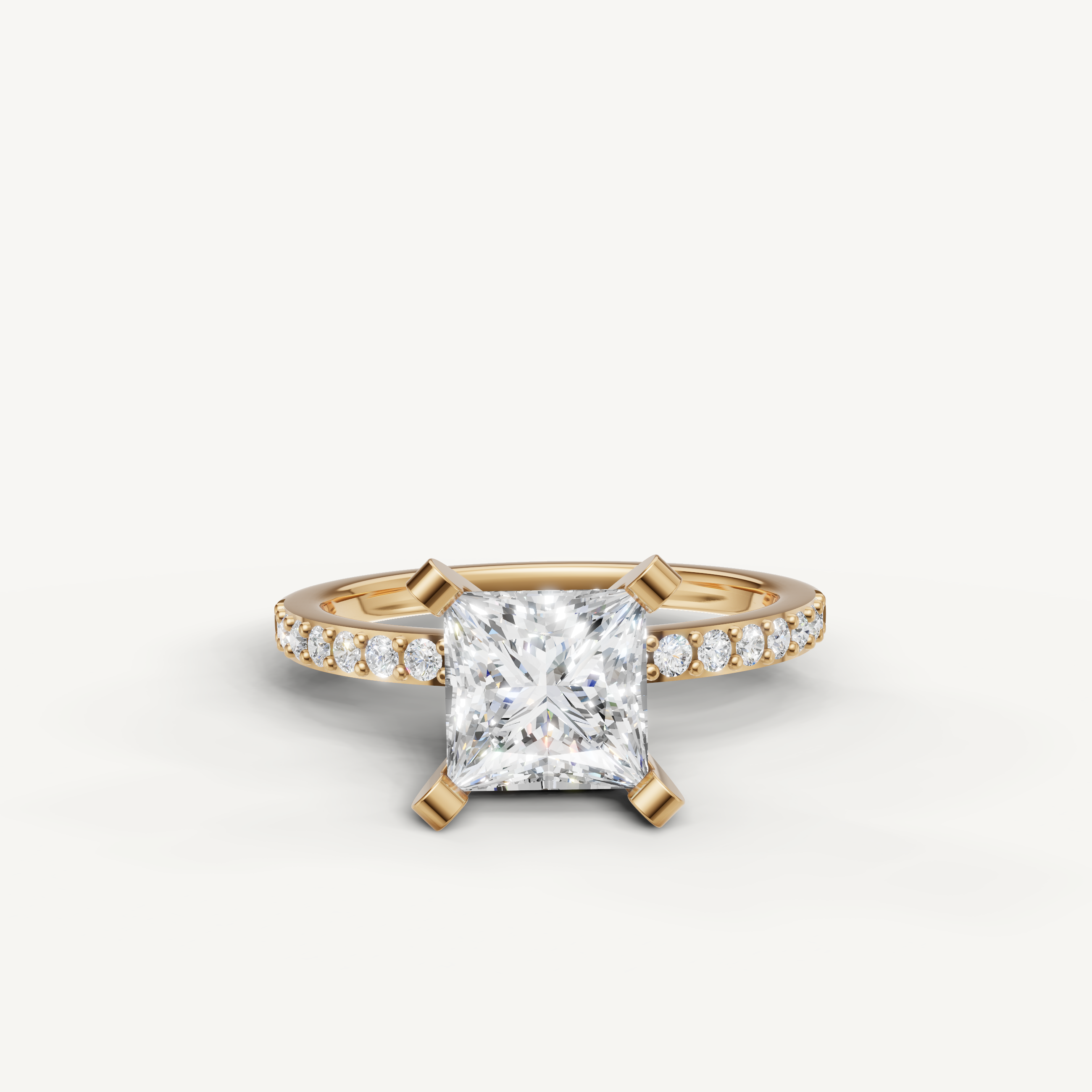 Princess cut lab grown diamond engagement ring in 14K yellow gold pavé band
