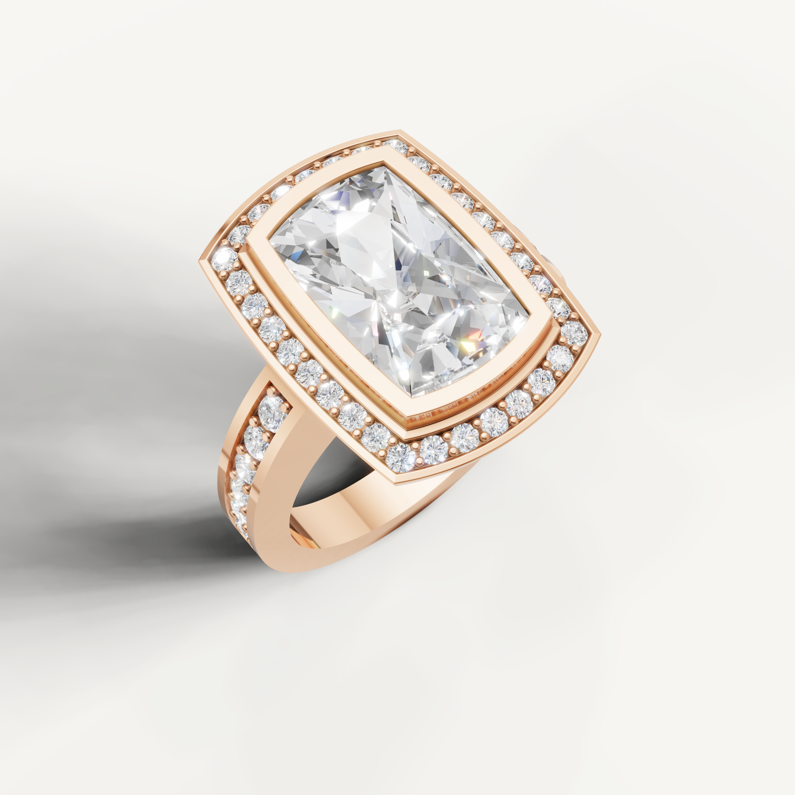 Fine jewelry cushion cut diamond ring with pavé band from Raul Diamonds.