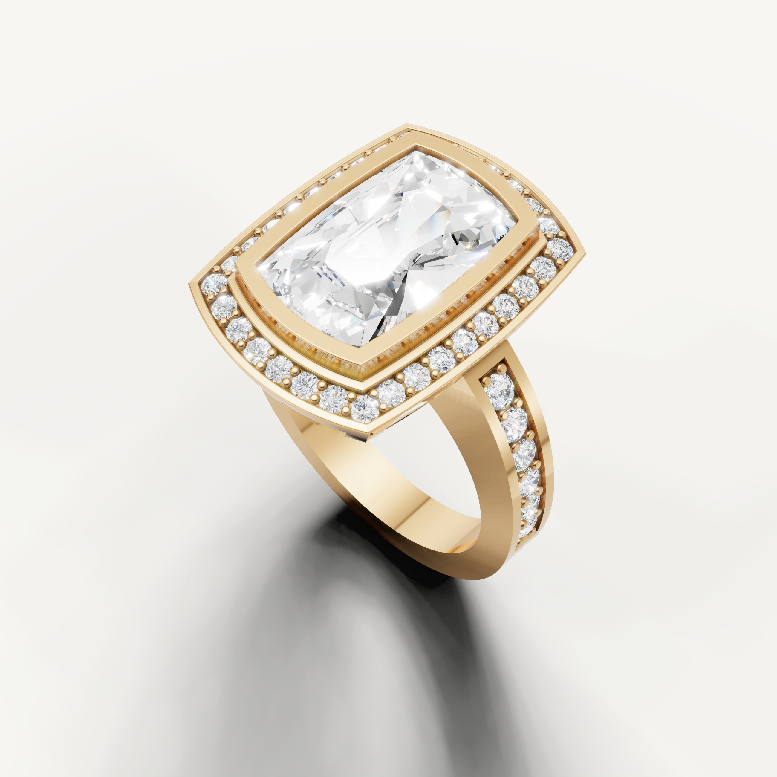 Yellow gold cushion halo engagement ring with sparkling side diamonds.