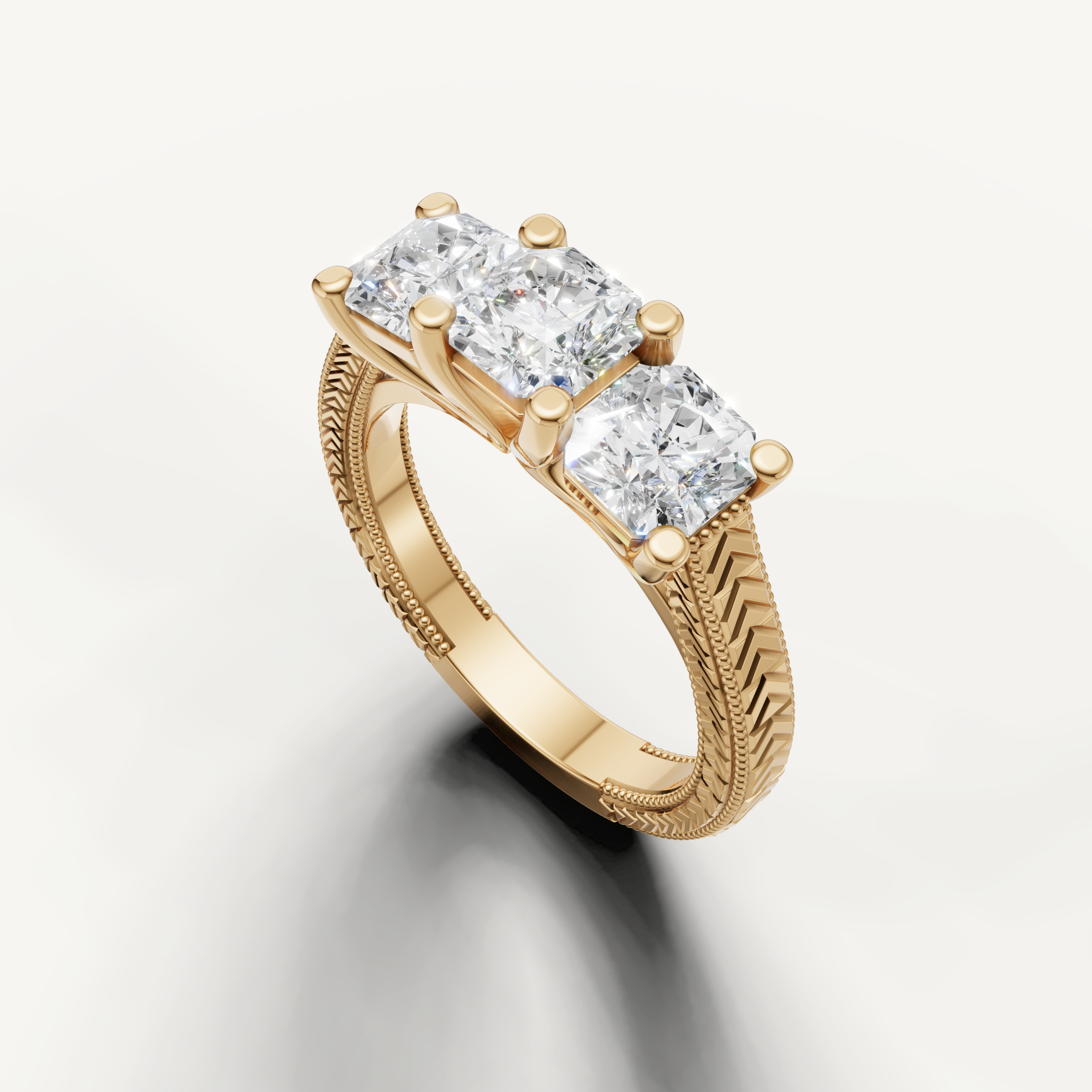Yellow gold three stone round diamond ring with elegant classic setting.