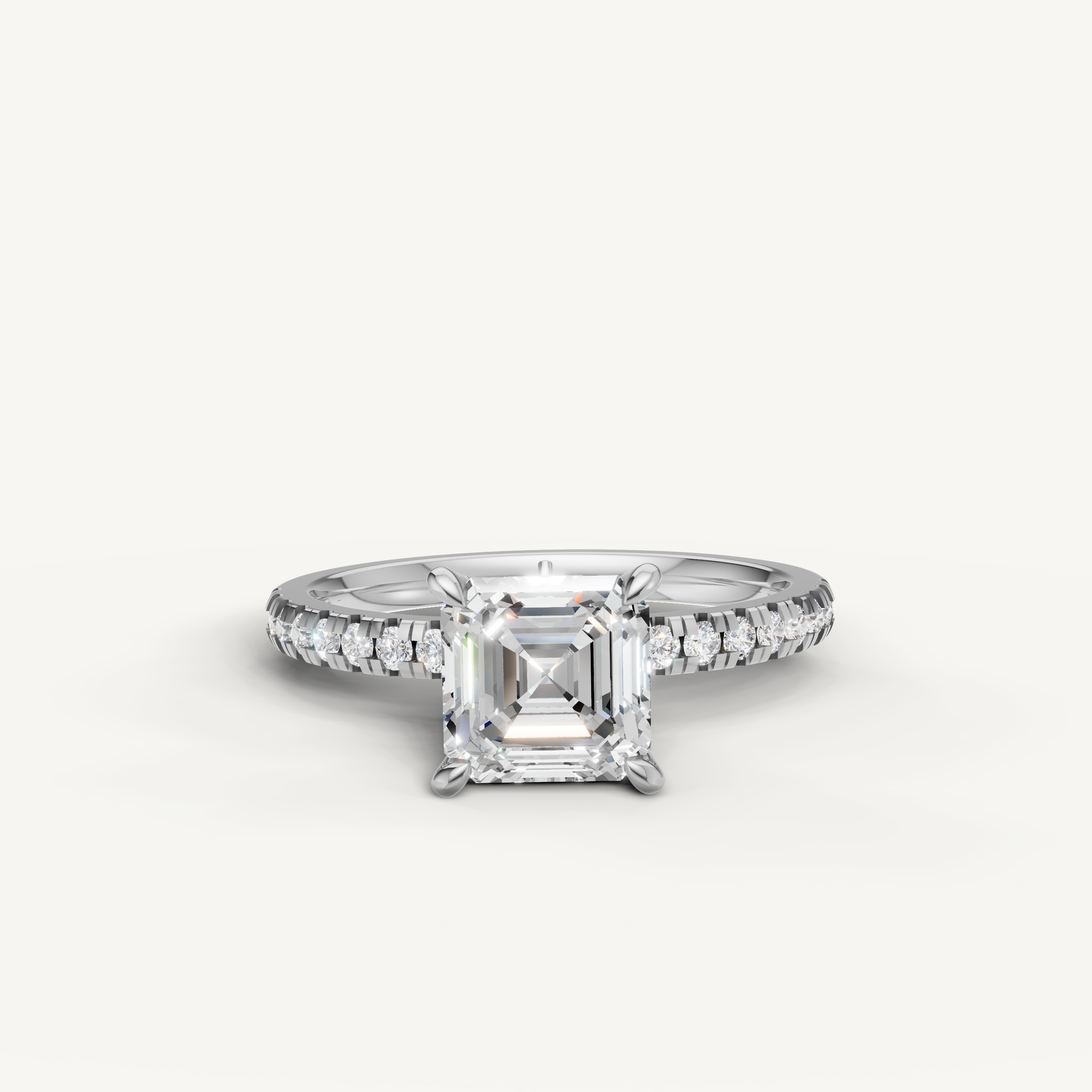 Asscher cut lab grown diamond engagement ring with pavé band white gold 4 prong setting