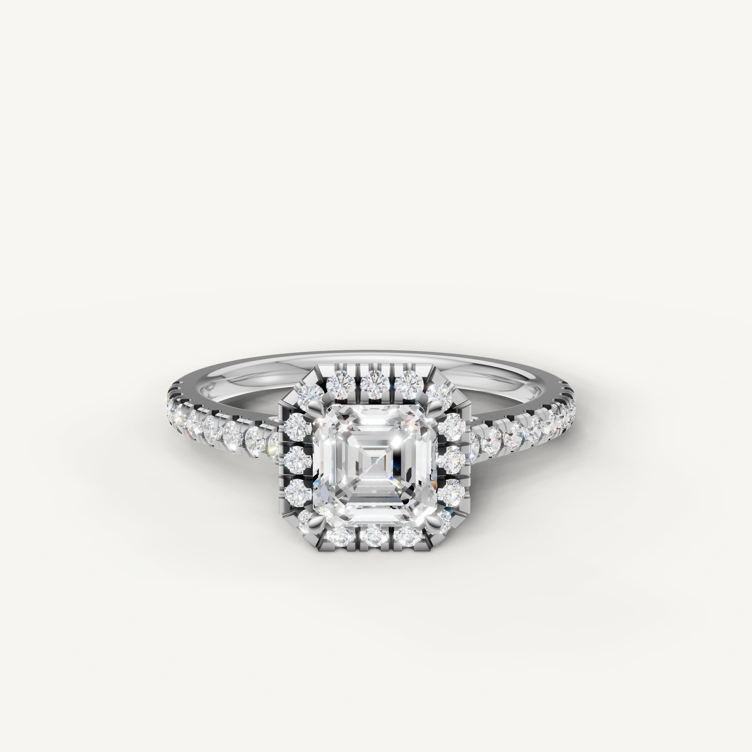 asscher cut lab grown diamond halo engagement ring with pavé band in 14k white gold