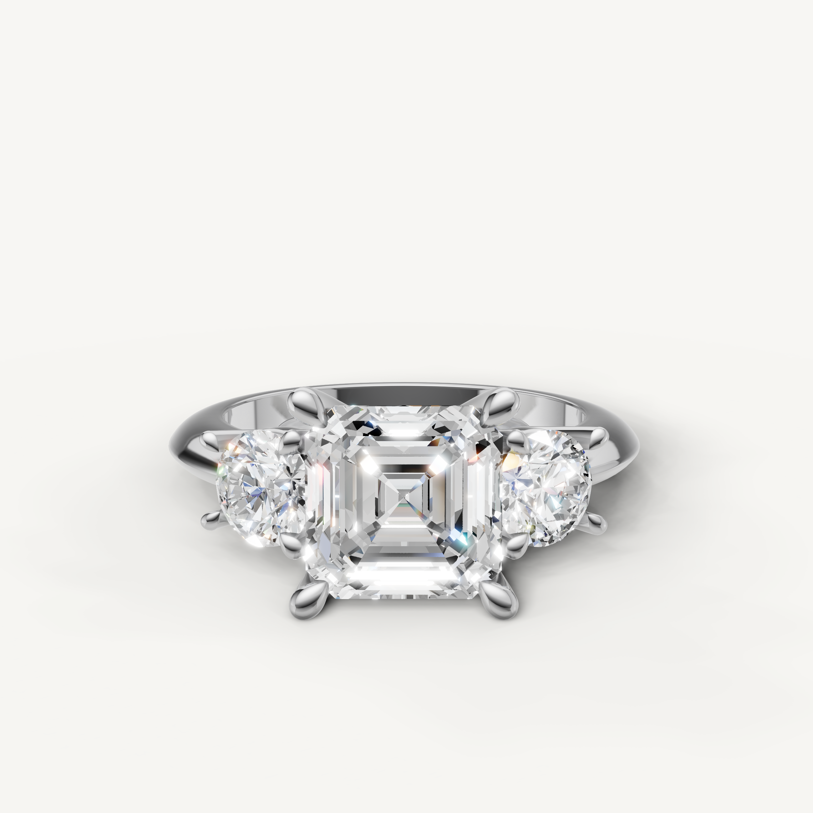 Asscher cut three stone lab grown diamond engagement ring in 14K white gold
