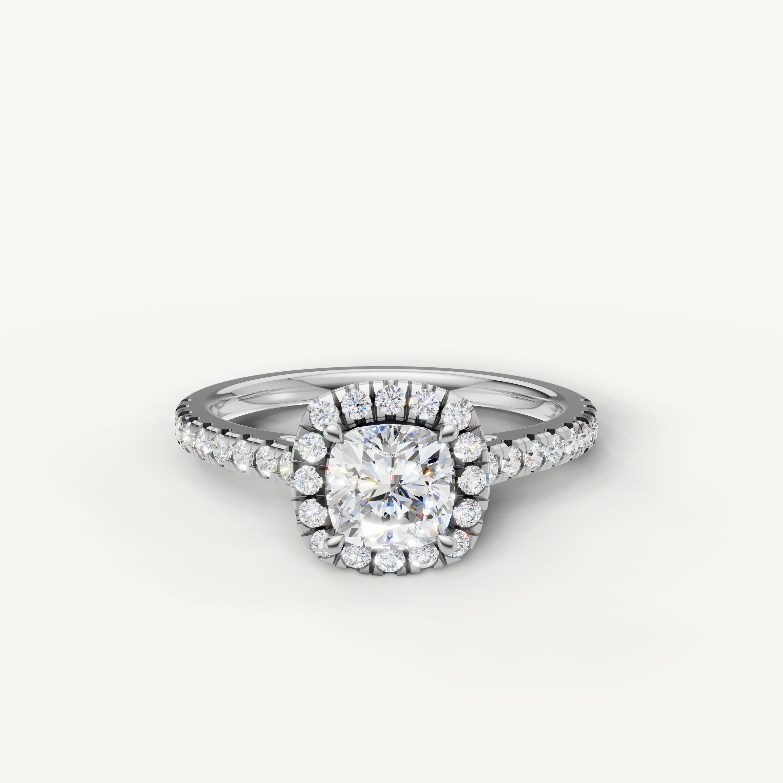 cushion cut lab grown diamond halo engagement ring with pavé band in 14k white gold