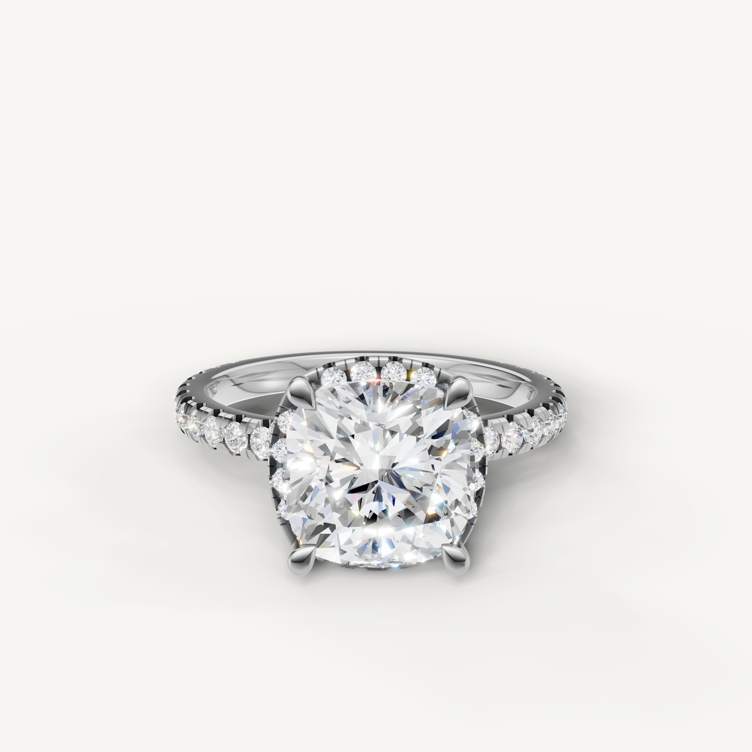 Cushion cut lab grown diamond engagement ring with pavé band white gold classic style