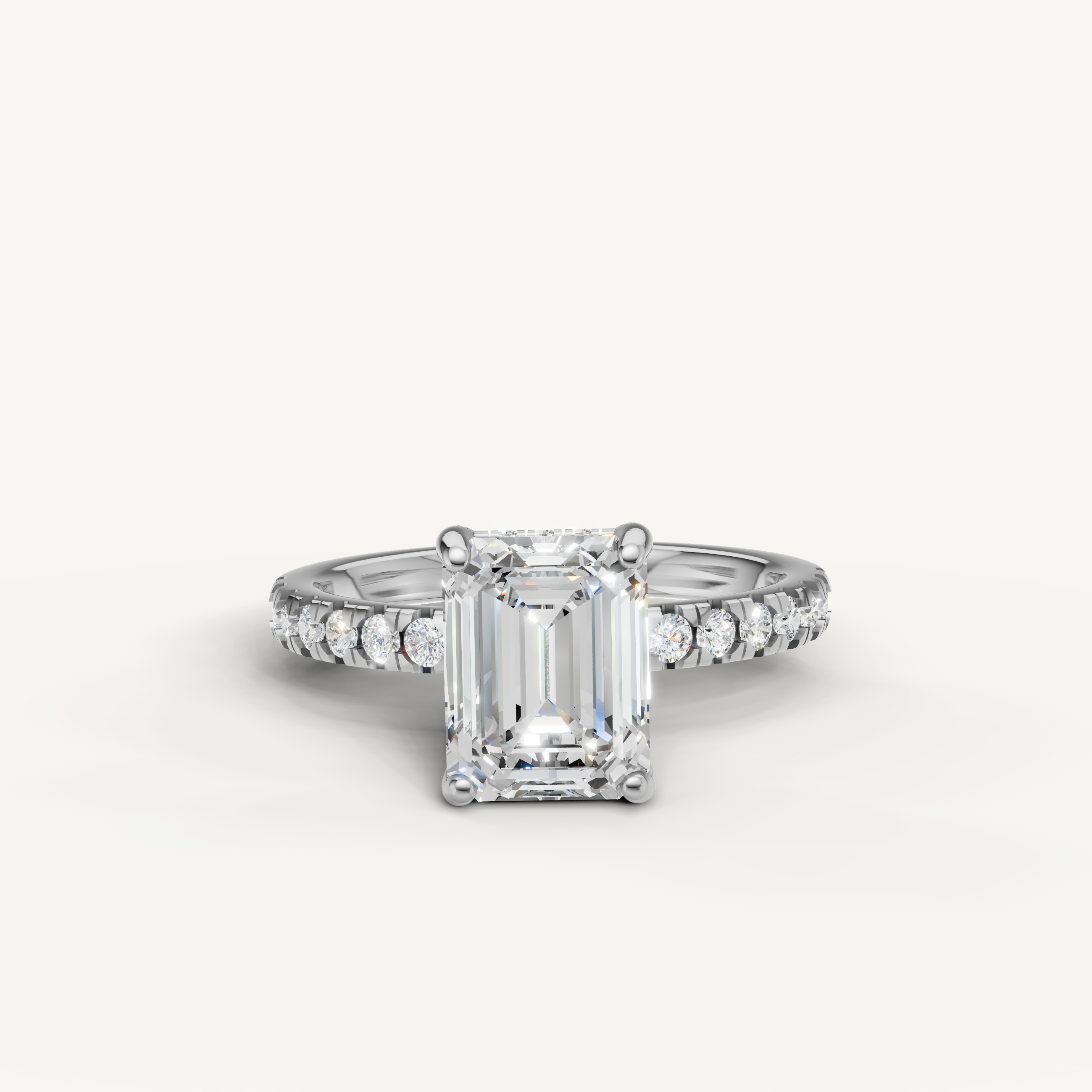 Emerald cut lab grown diamond engagement ring with pavé band white gold 4 prong setting