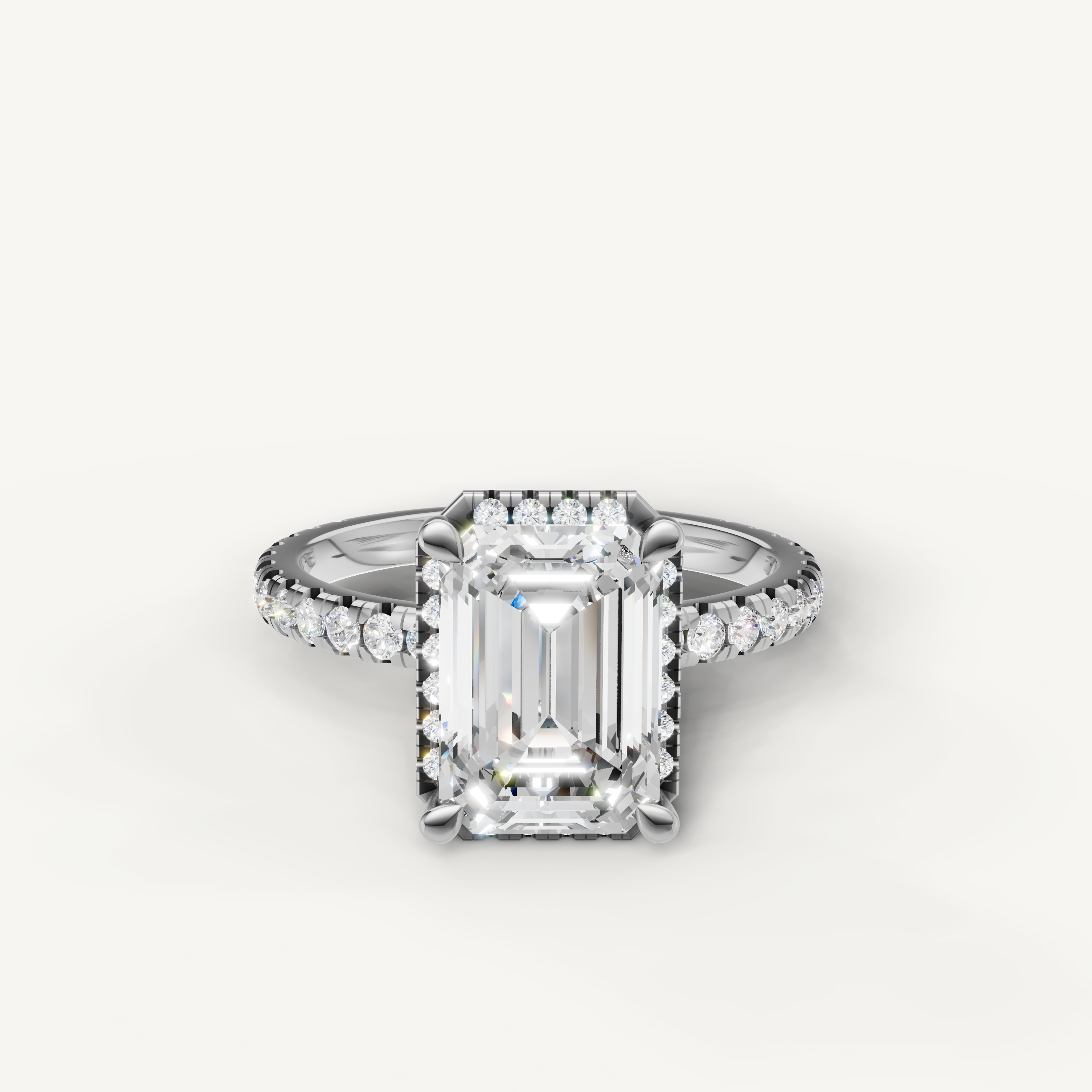 Emerald cut lab grown diamond engagement ring with hidden halo and pavé band white gold