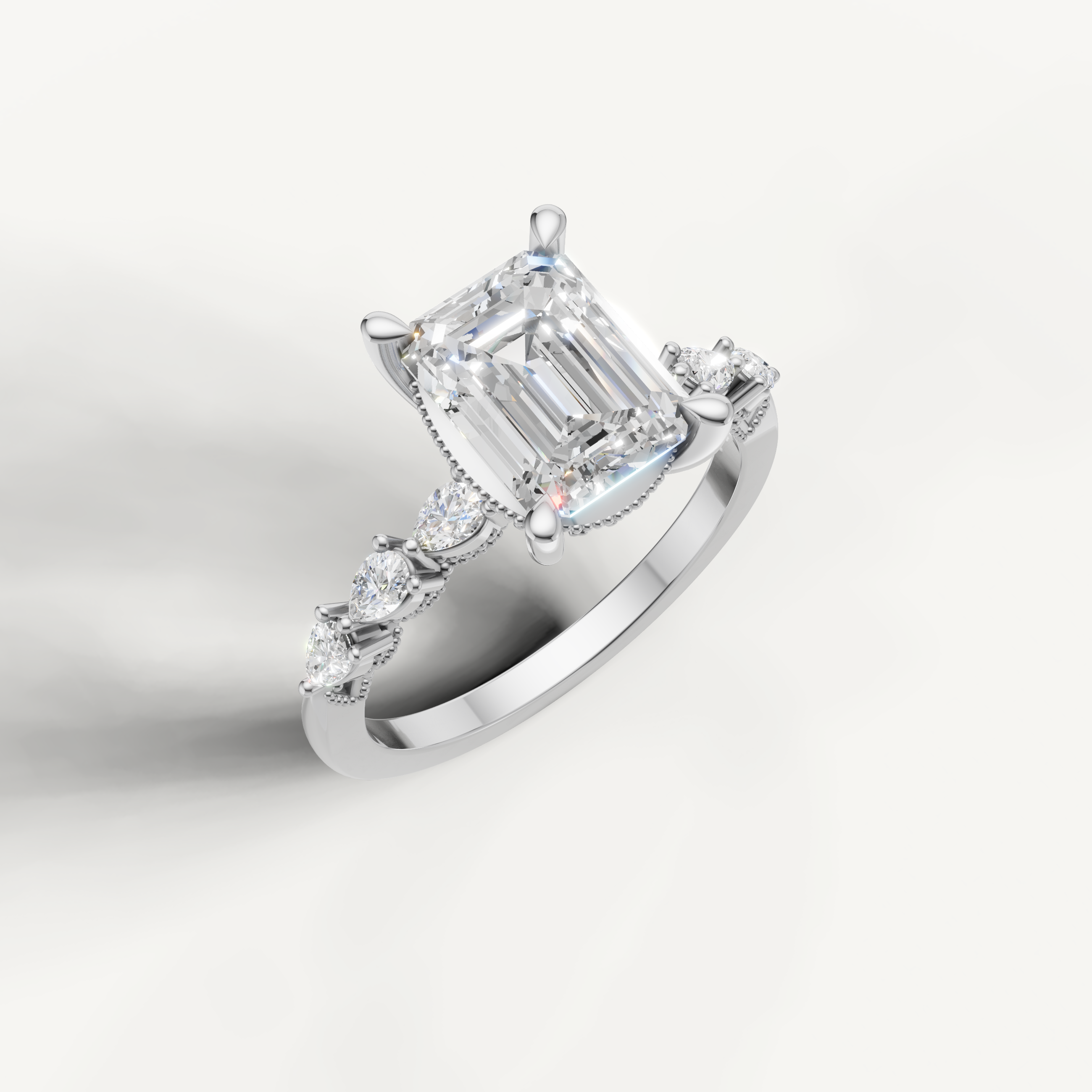 IGI certified emerald lab diamond ring with vintage marquise baguette accents 14k white gold