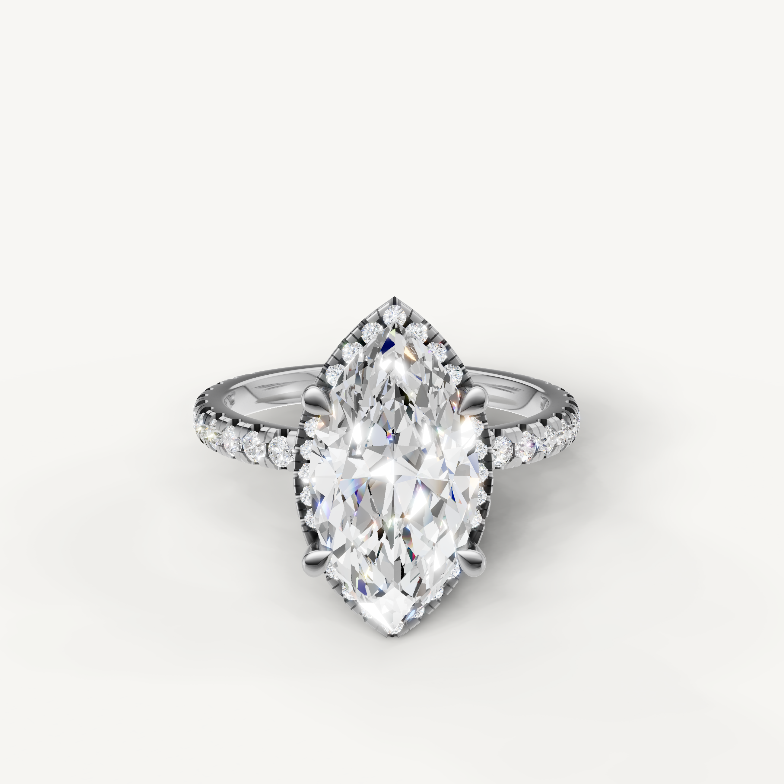 Marquise cut lab grown diamond engagement ring with hidden halo pavé band white gold