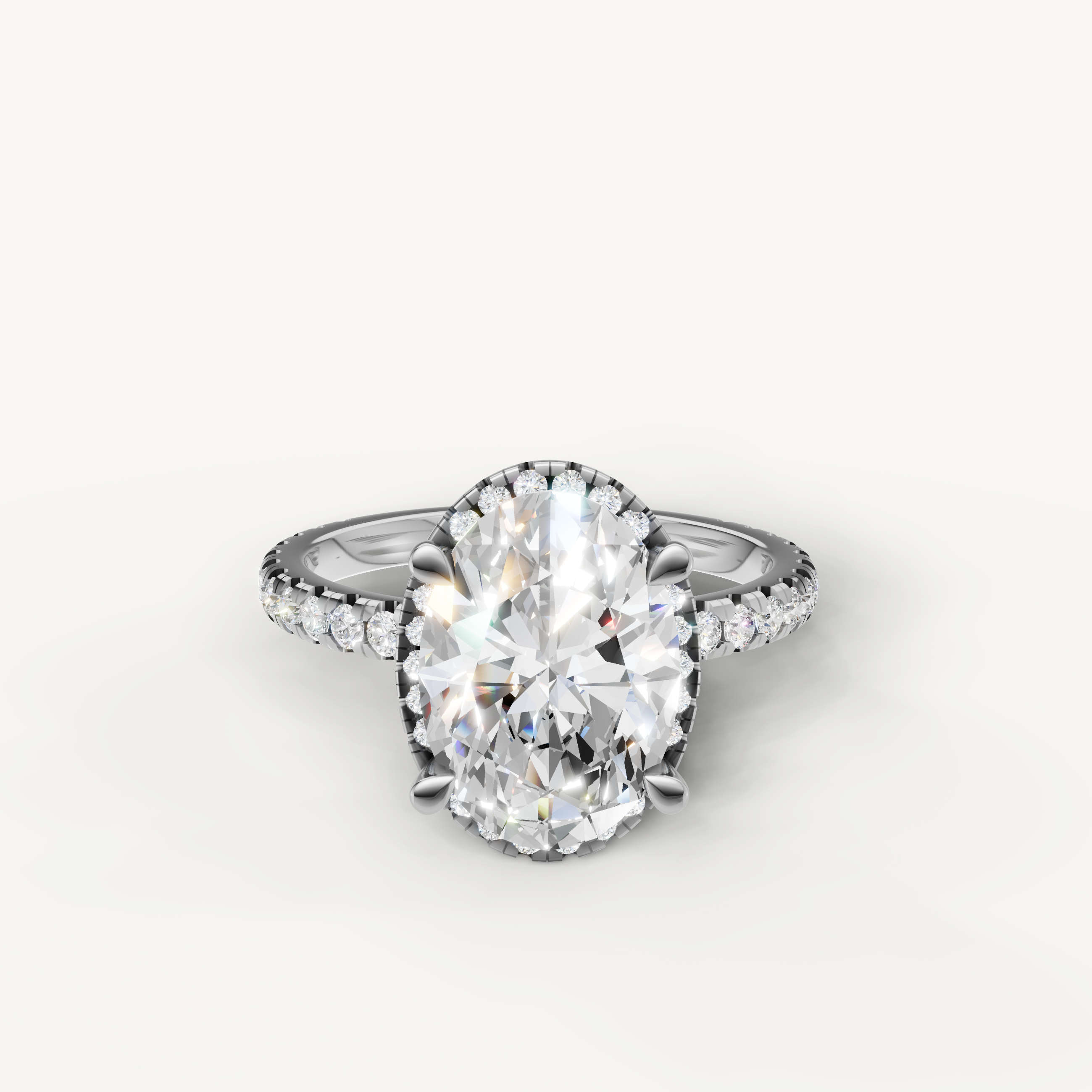 Oval cut lab grown diamond engagement ring with hidden halo pavé band white gold
