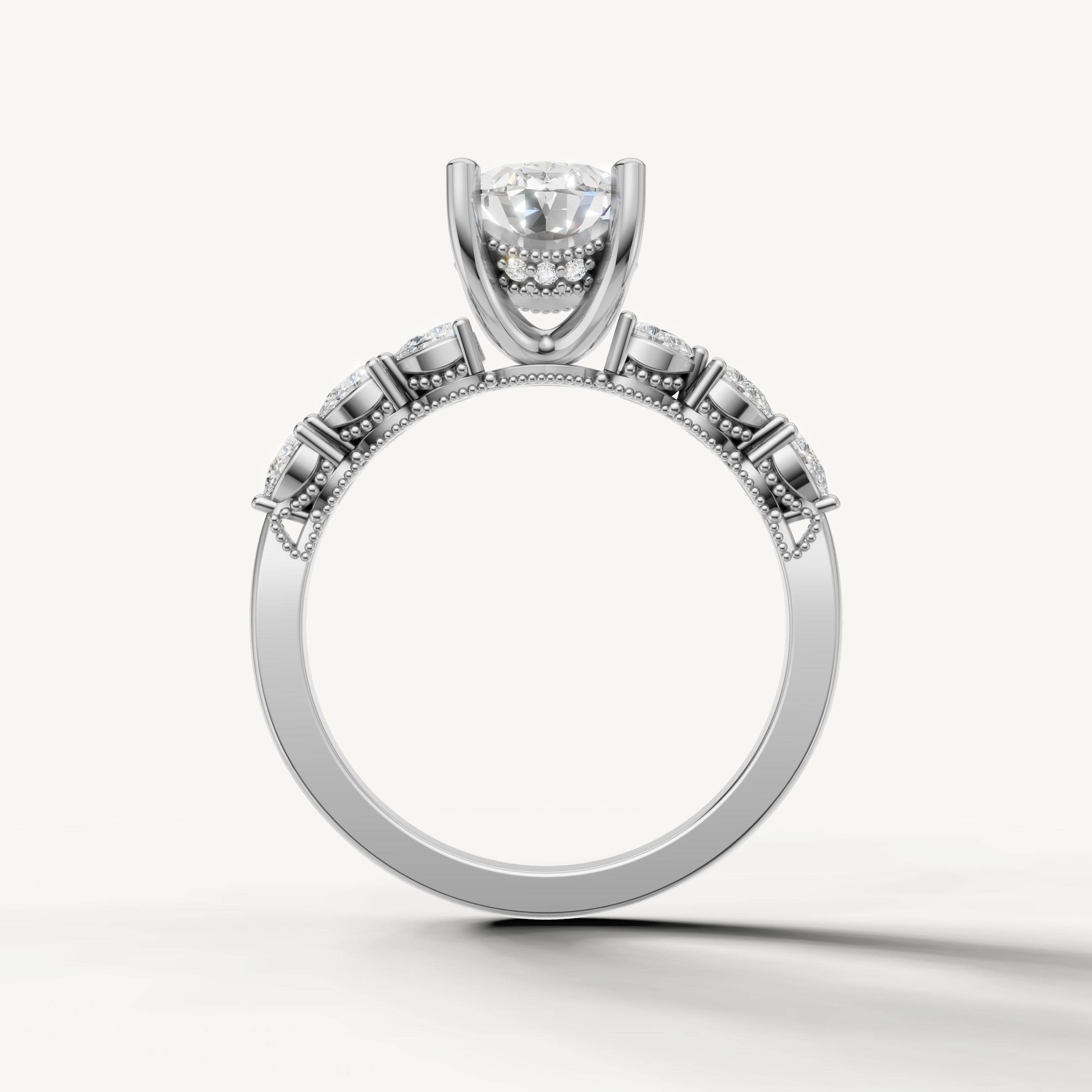 Oval cut lab grown diamond solitaire ring in white gold with marquise accent diamonds by Raul Diamonds