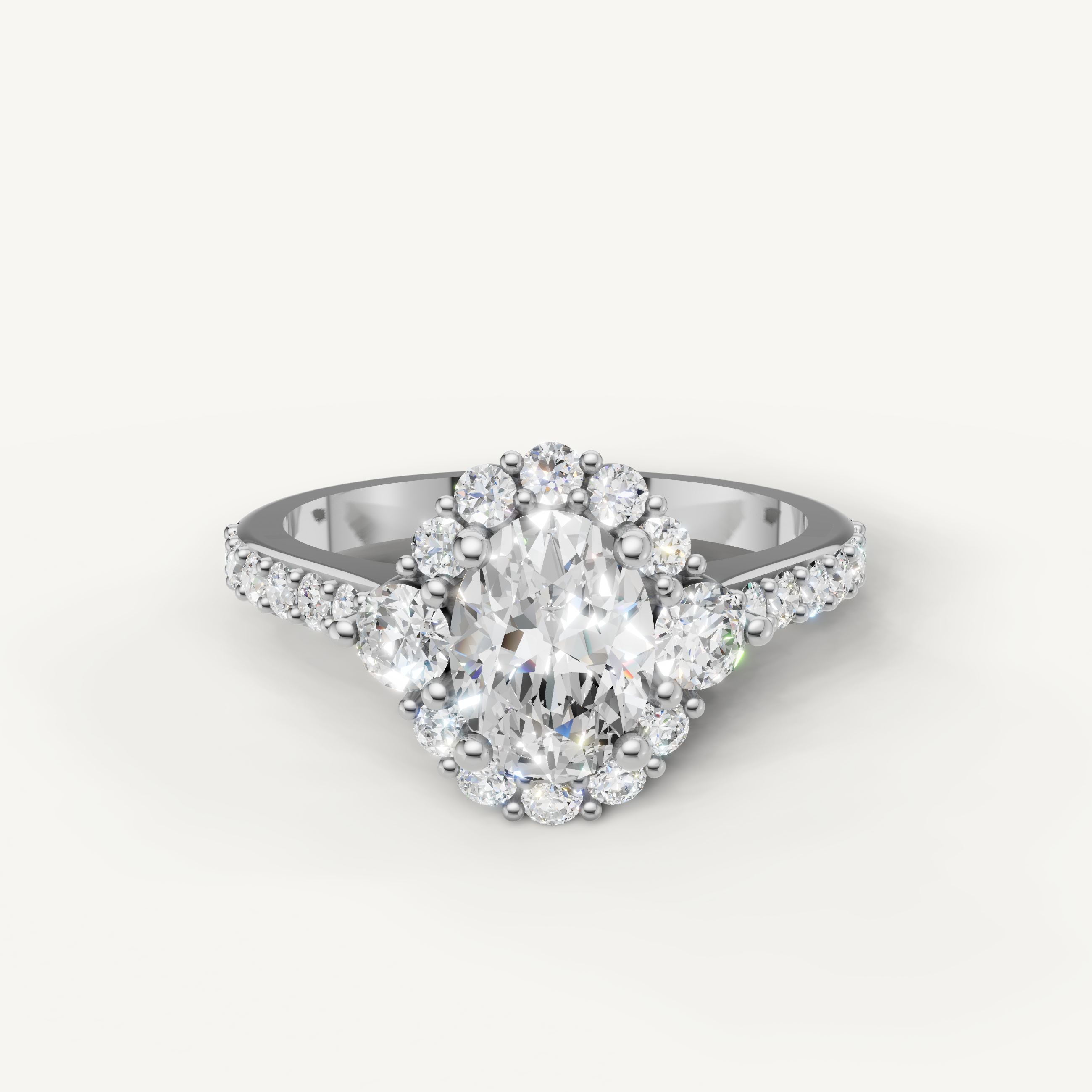 Raul Diamonds white gold oval cut engagement ring with brilliant halo diamonds
