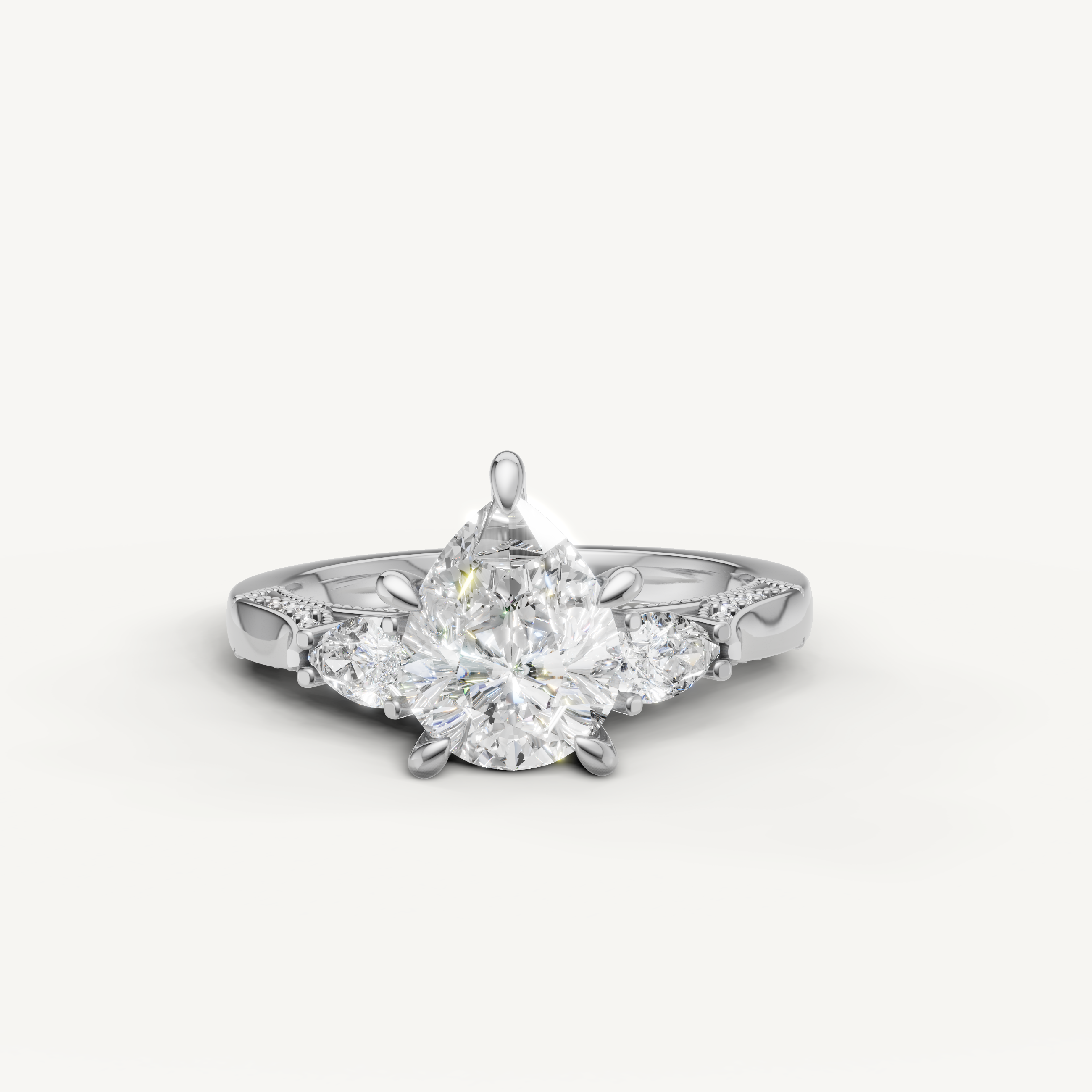 Pear cut lab grown diamond three stone ring with pear side stones white gold engagement ring