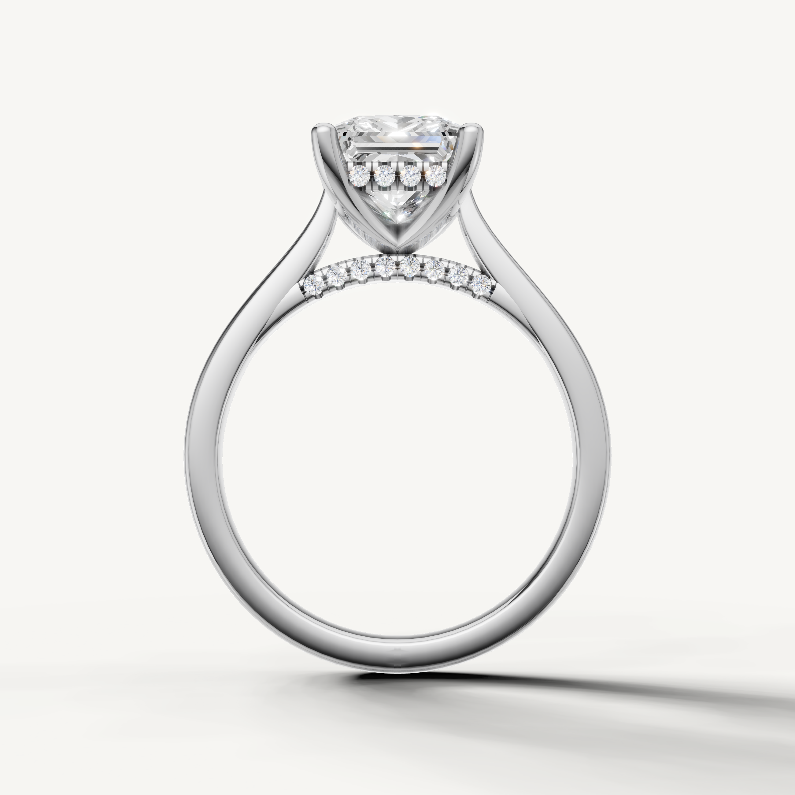 Elegant white gold princess-cut lab-grown diamond ring with hidden halo and pavé accents by Raul Diamonds