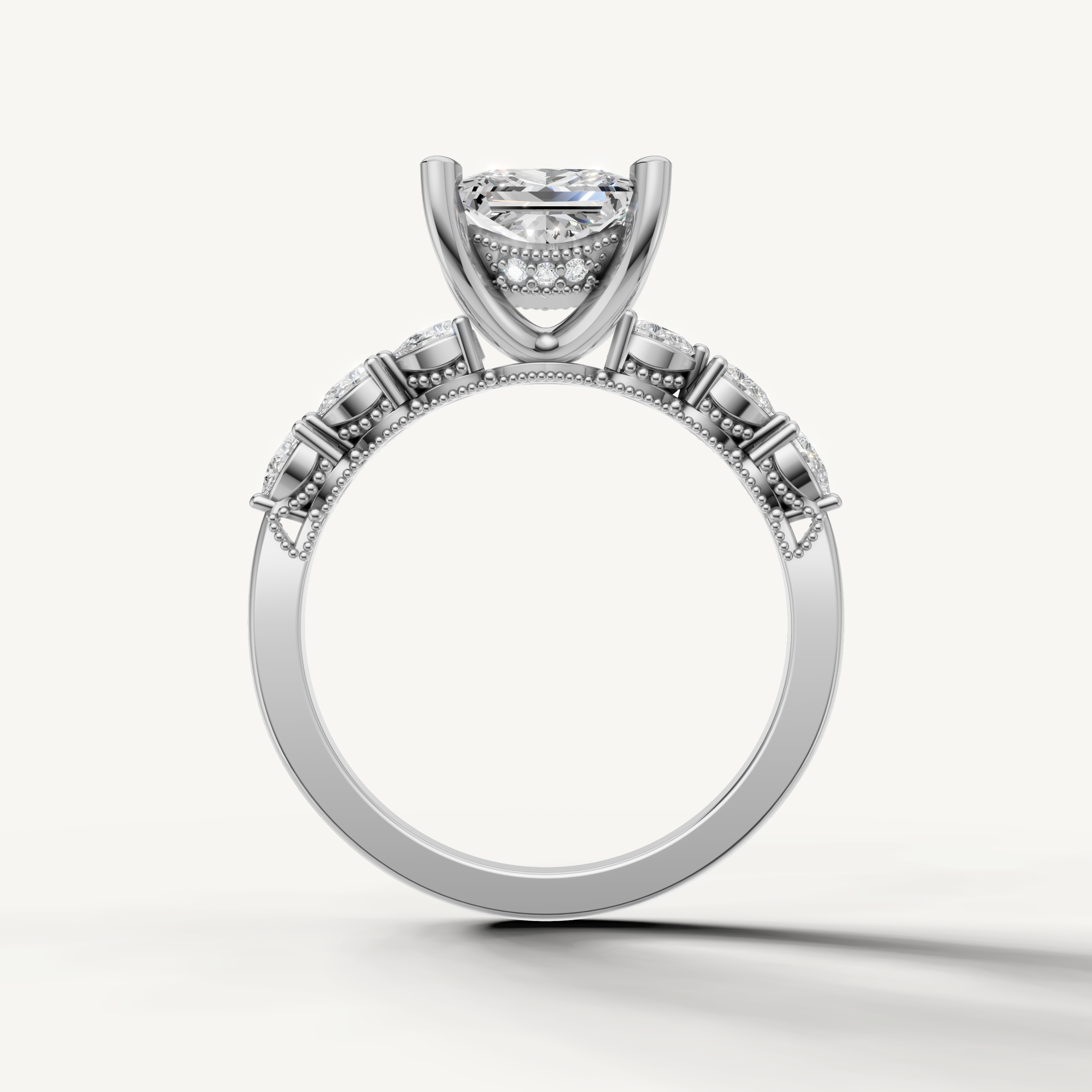 Princess cut lab grown diamond solitaire ring in white gold with marquise accent diamonds by Raul Diamonds
