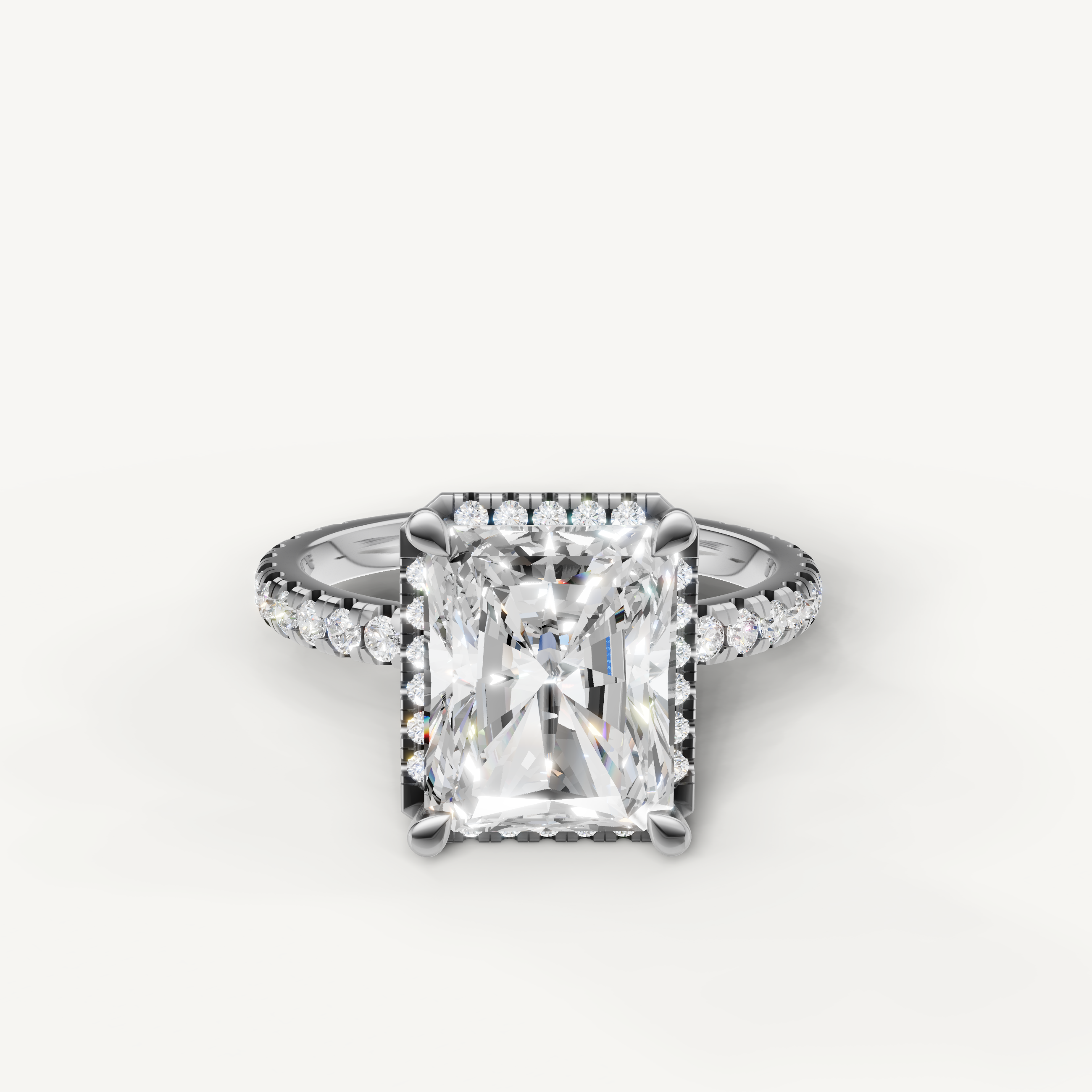 Radiant cut lab grown diamond engagement ring with hidden halo pavé band white gold