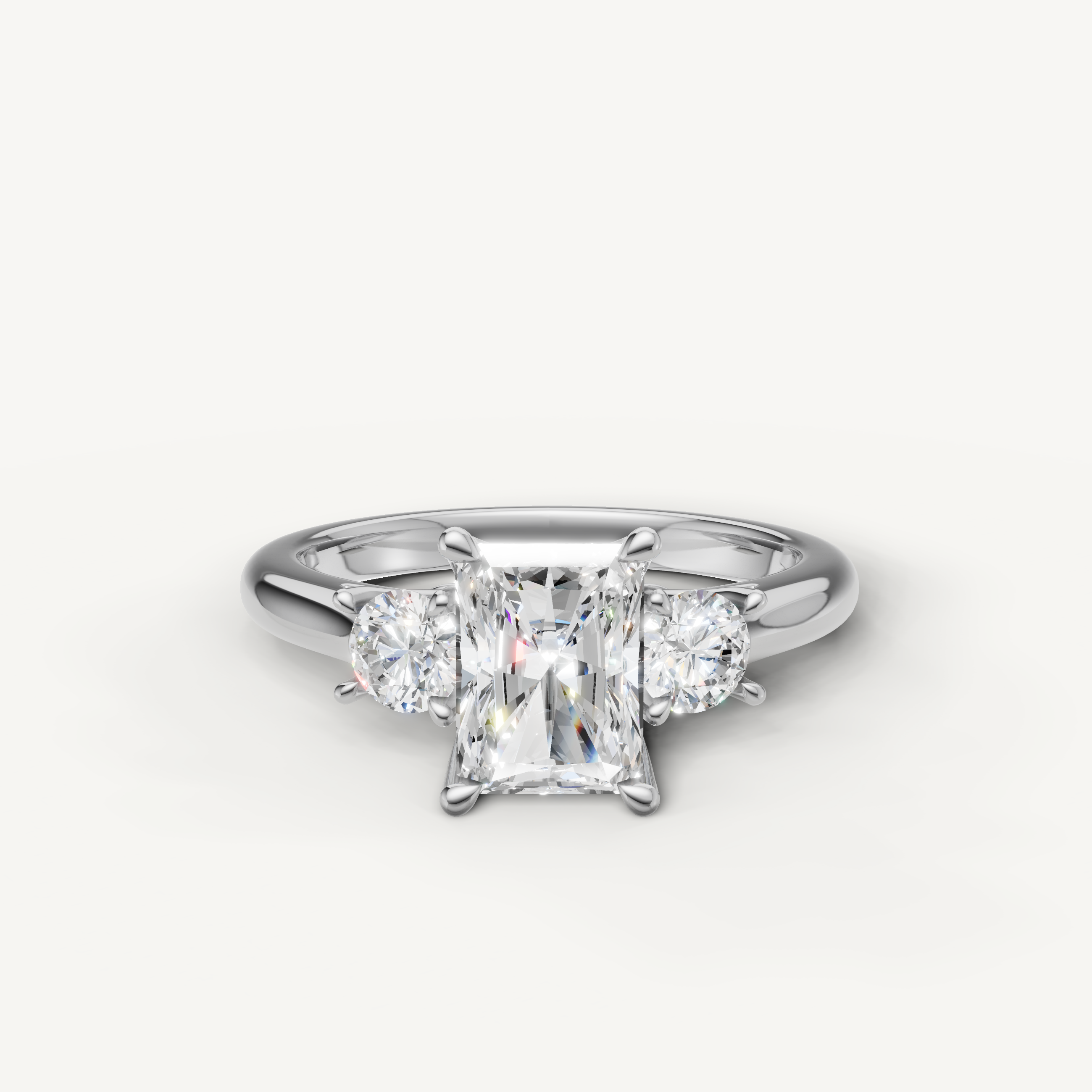 Radiant cut three stone lab grown diamond engagement ring in 14K white gold