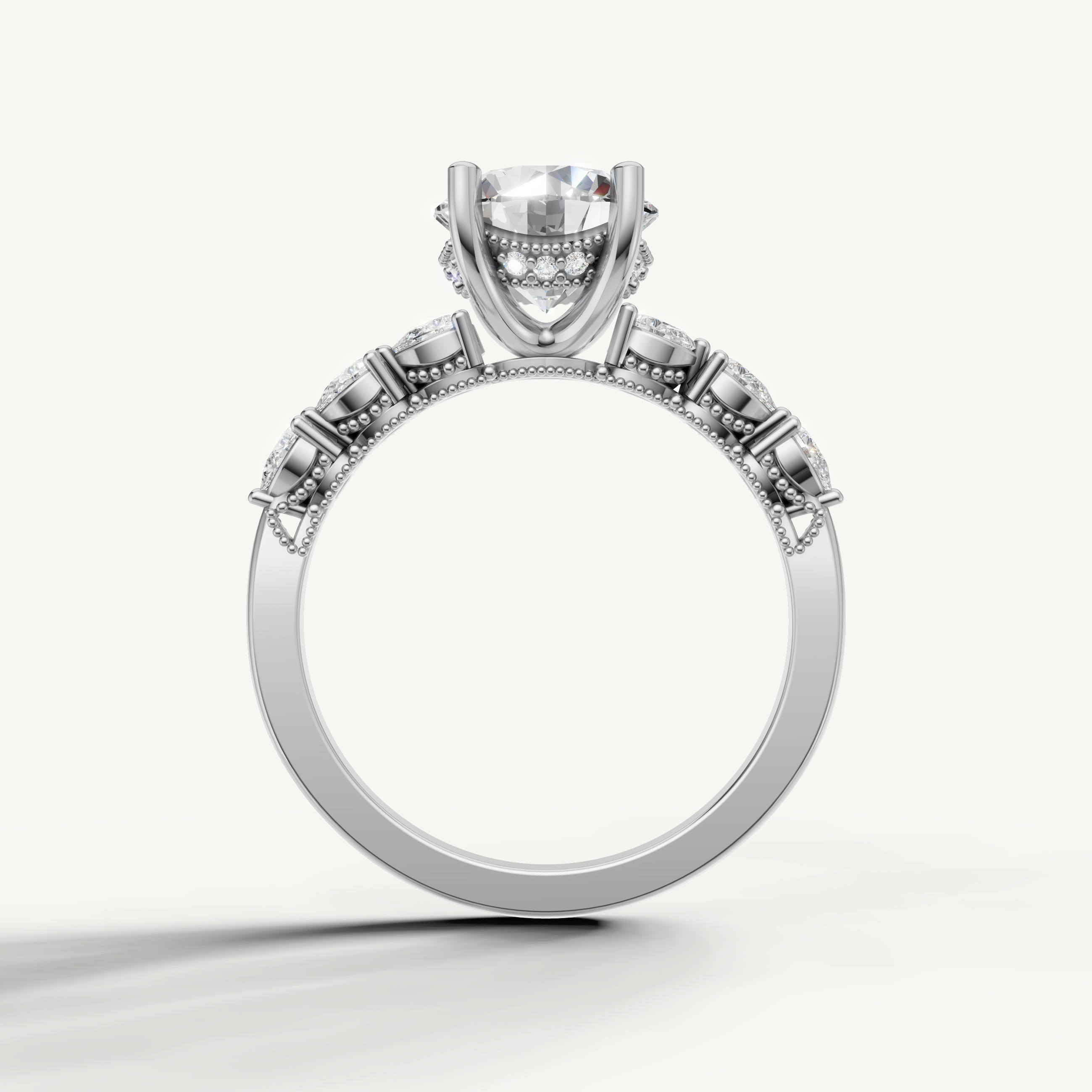 Round cut lab grown diamond solitaire ring in white gold with marquise accent diamonds by Raul Diamonds