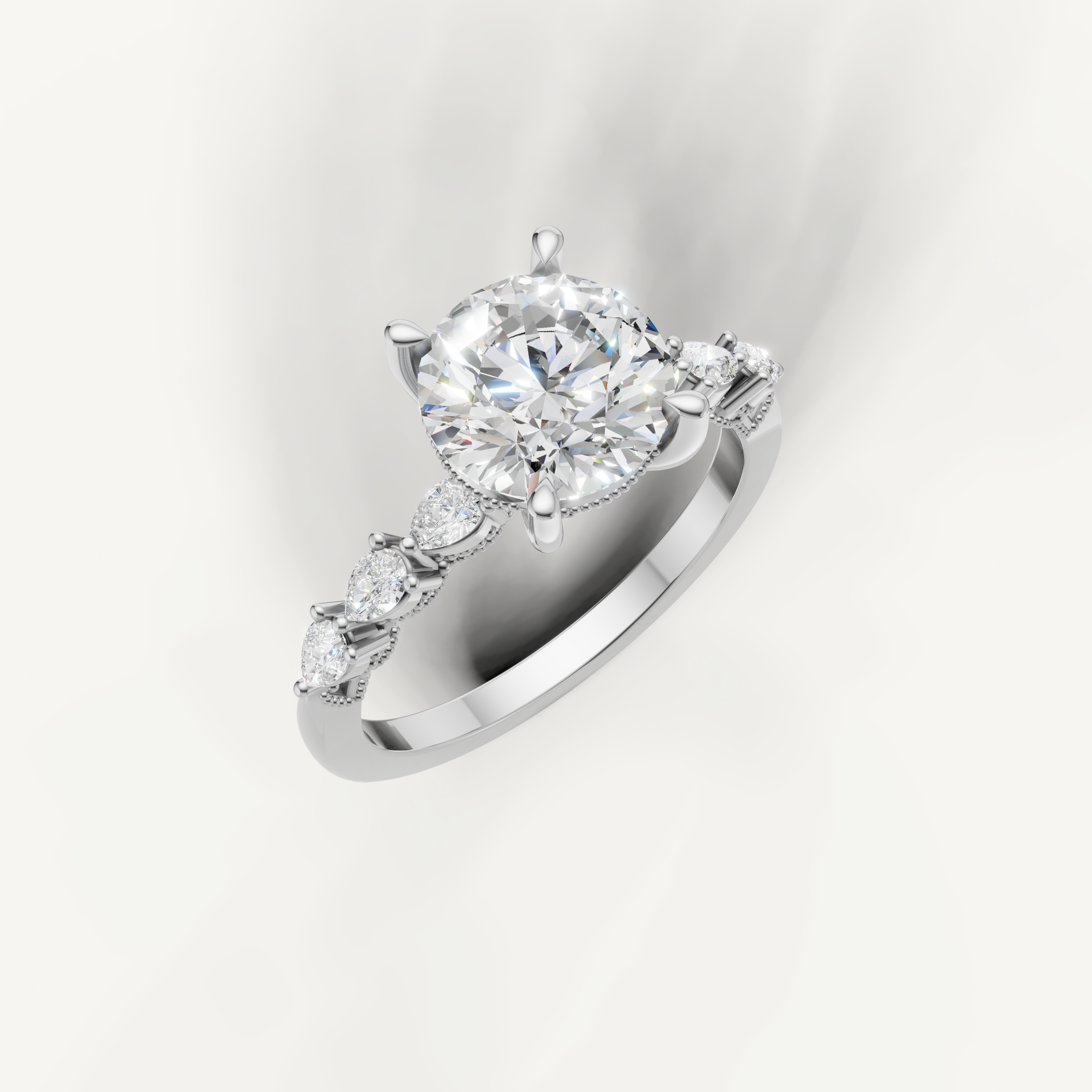 White gold round lab grown diamond ring with marquise diamond accents and elegant nature inspired setting