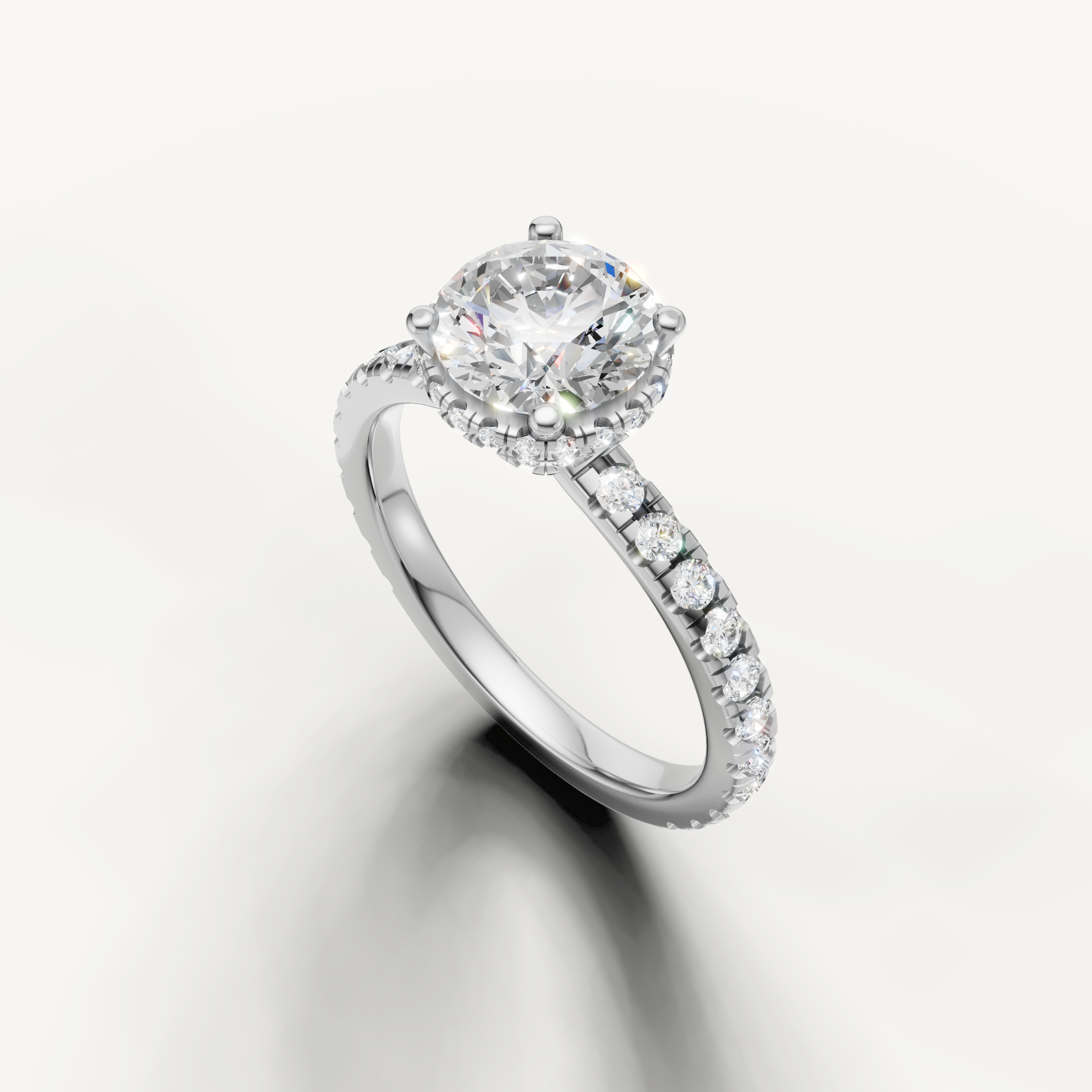 14k white gold round brilliant lab grown diamond ring with hidden halo brilliance and elegant pavé shank