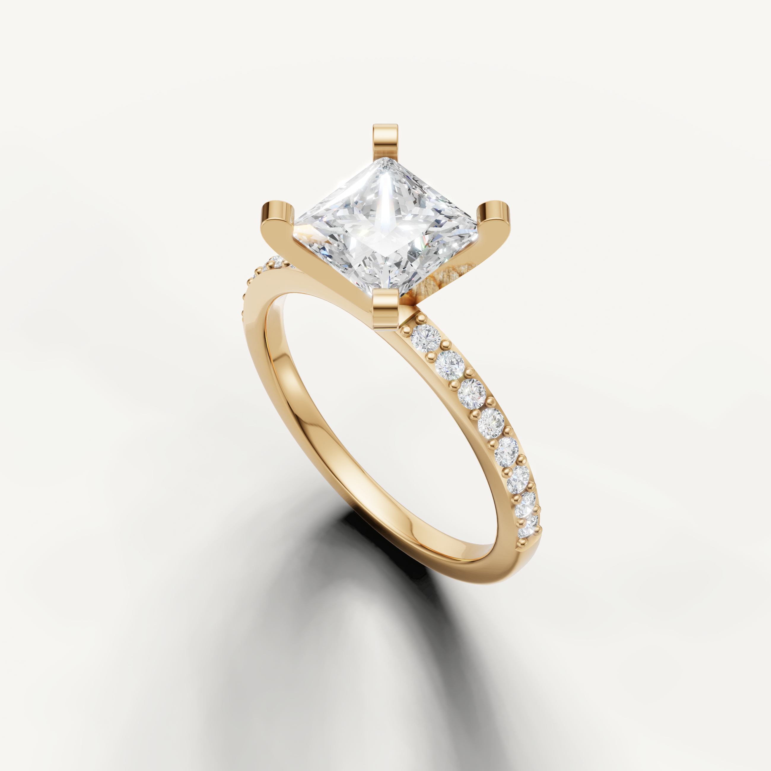 Square princess cut lab grown diamond ring in yellow gold micro pavé band