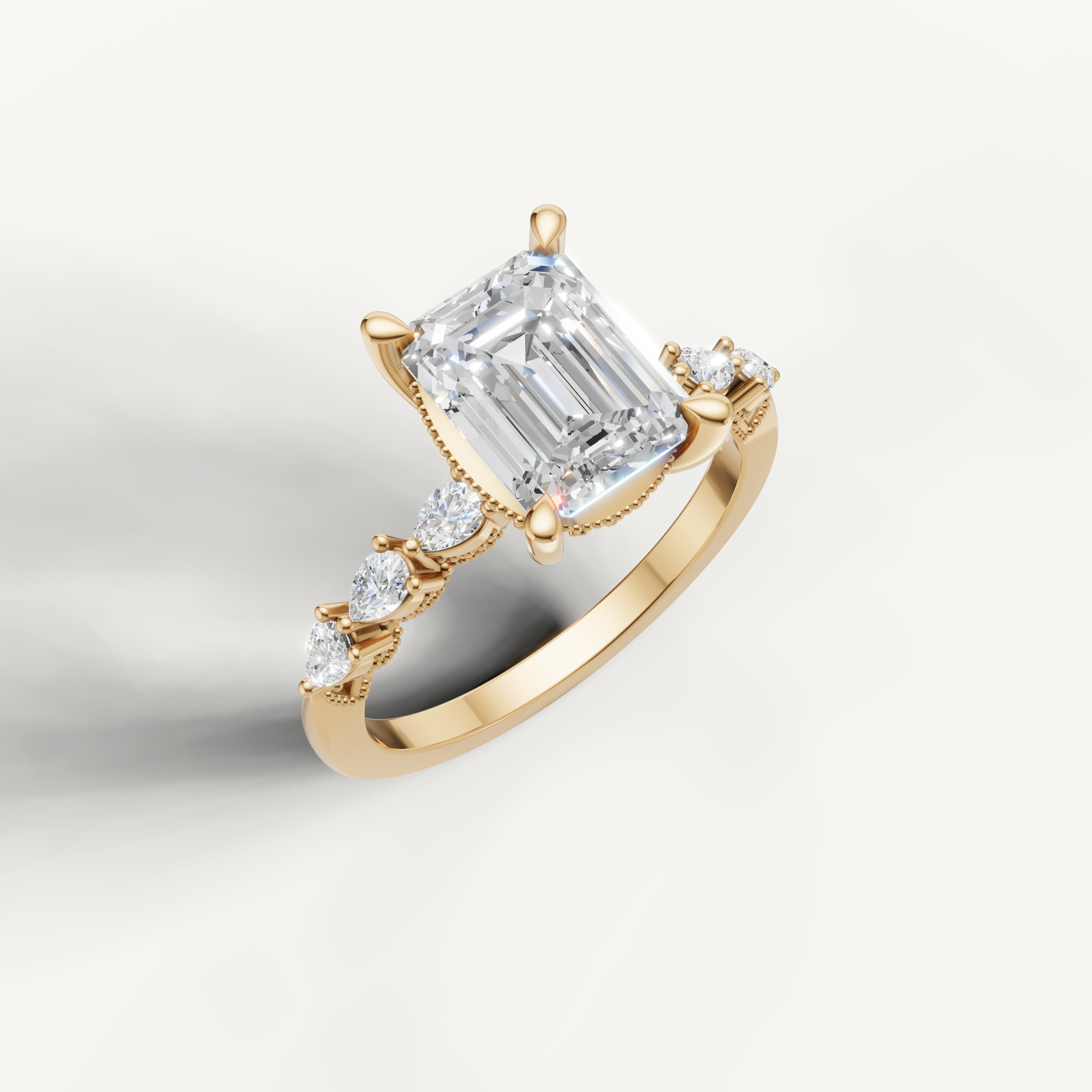 IGI certified emerald lab diamond ring with vintage marquise baguette accents 14k yellow gold