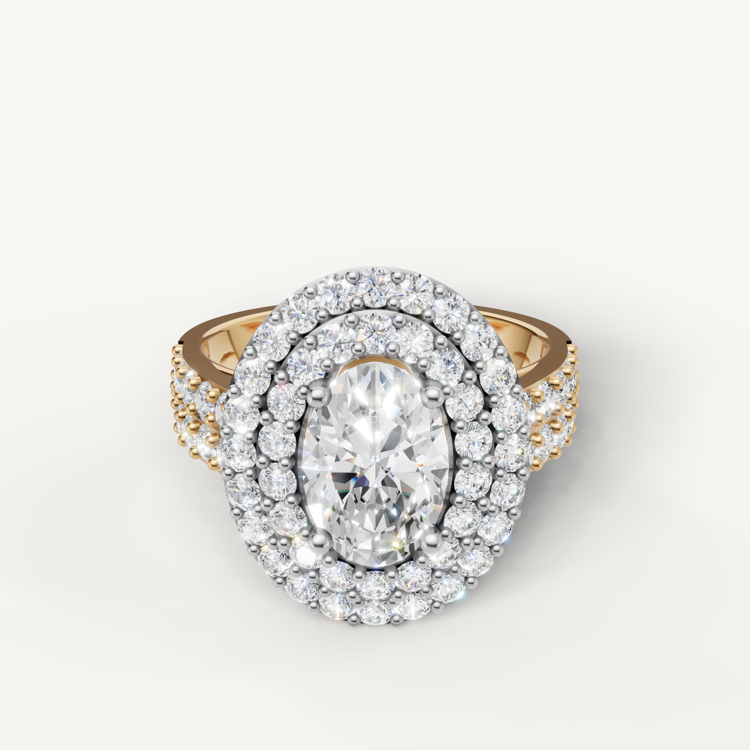 Raul Diamonds oval halo diamond engagement ring in yellow gold with pavé band