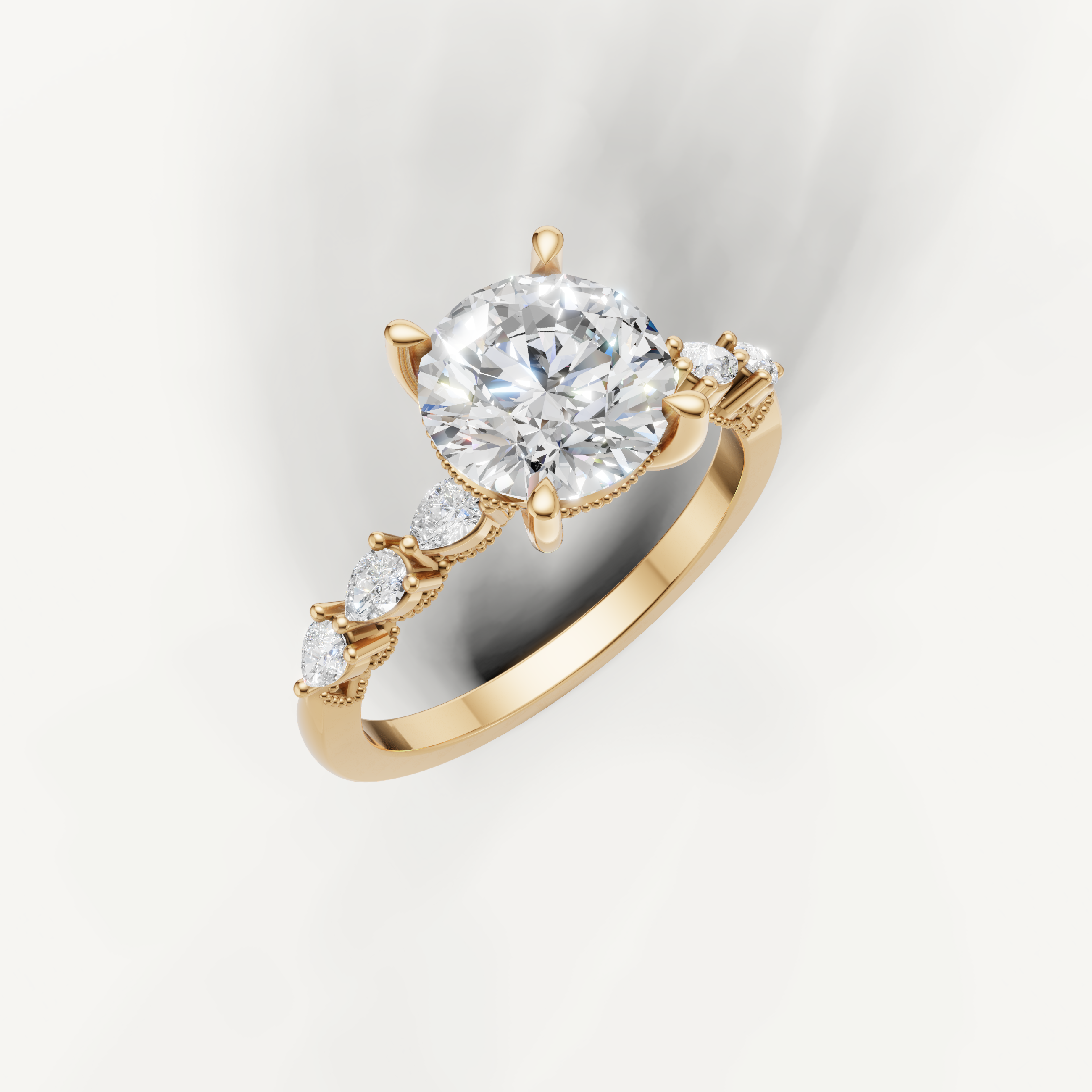 Yellow gold round lab grown diamond ring with marquise diamond accents and elegant nature inspired setting
