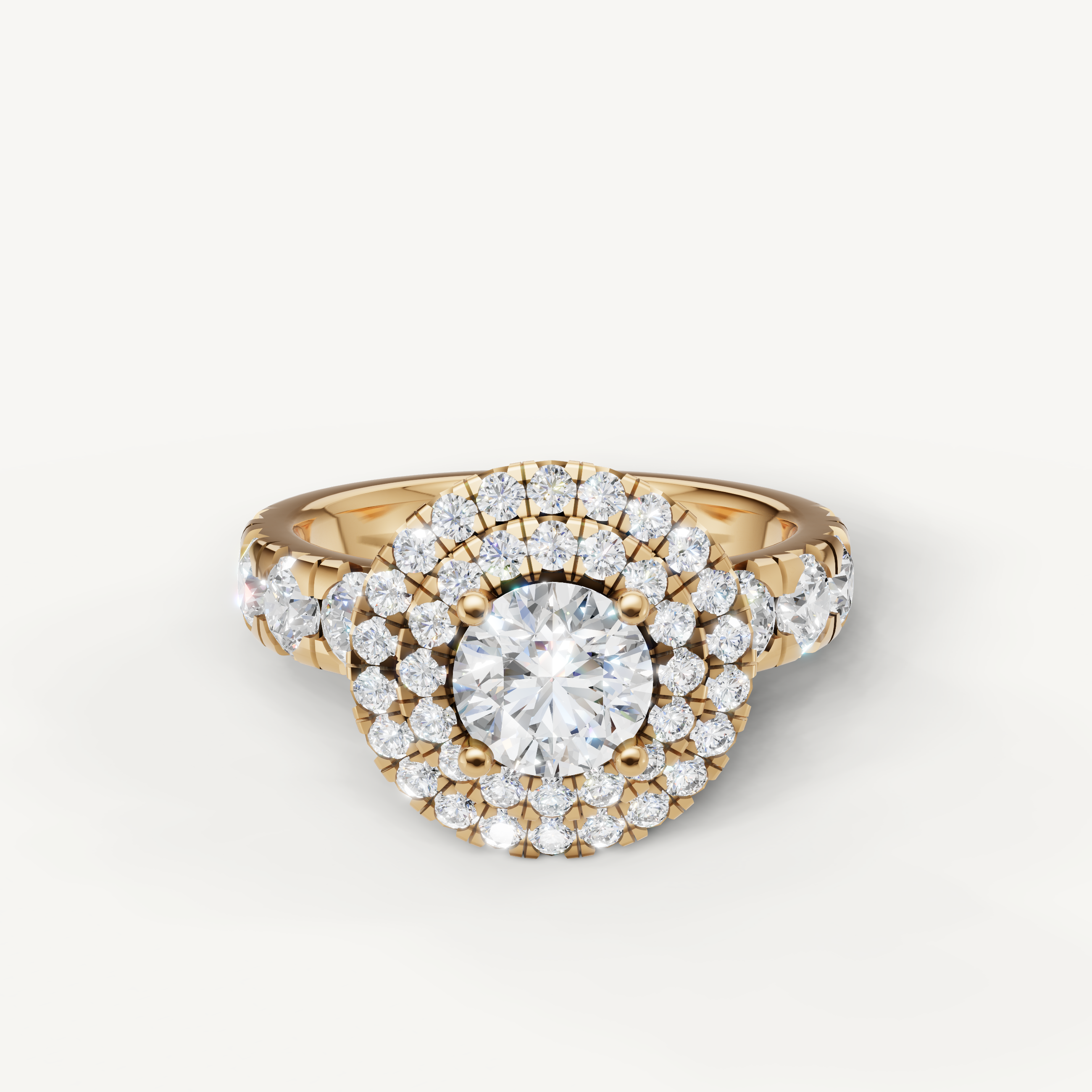 Raul Diamonds round halo diamond engagement ring in yellow gold with pavé band