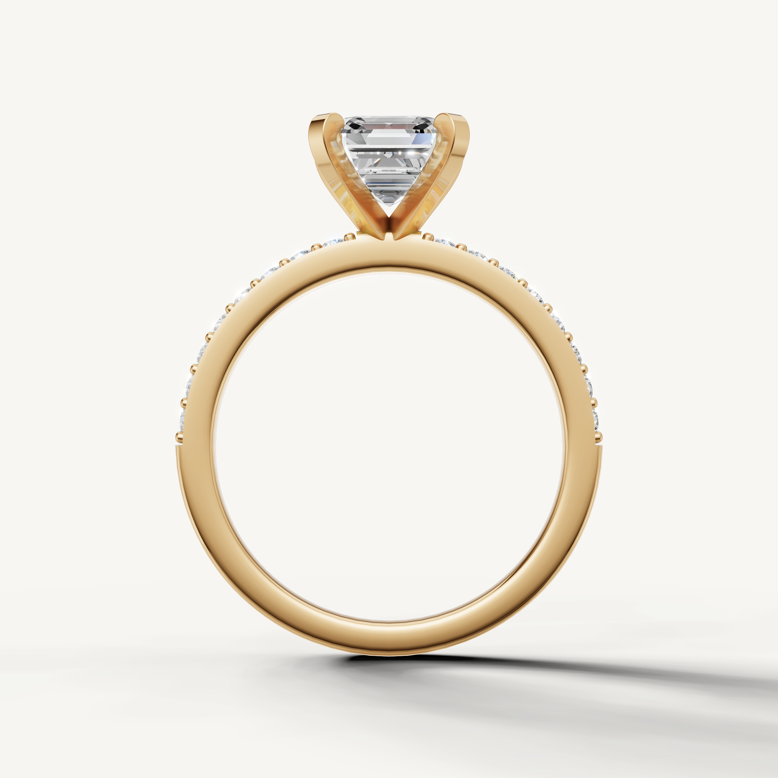 Classic asscher cut lab grown diamond ring in yellow gold with pavé setting