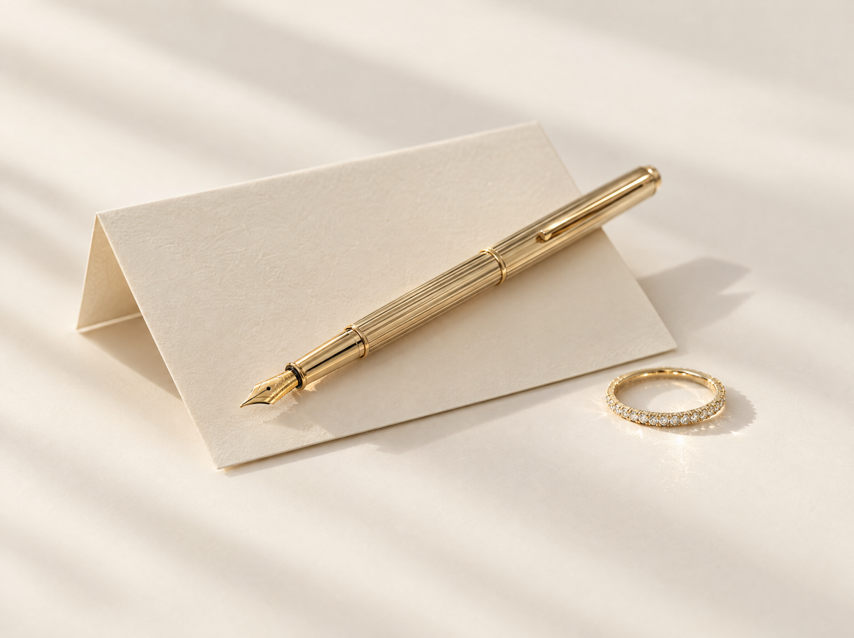 Cream notecard with a gold fountain pen and a diamond band