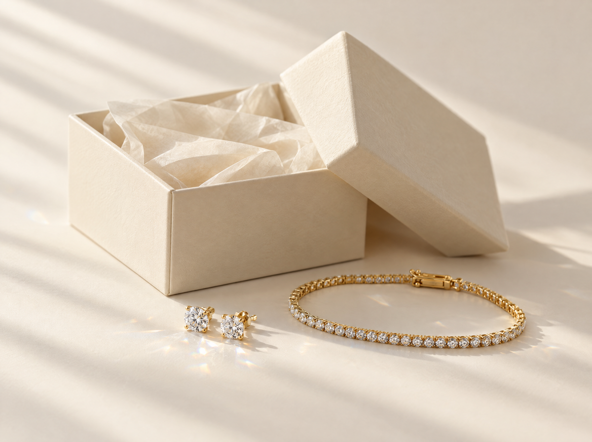Open jewelry box with diamond stud earrings and a tennis bracelet