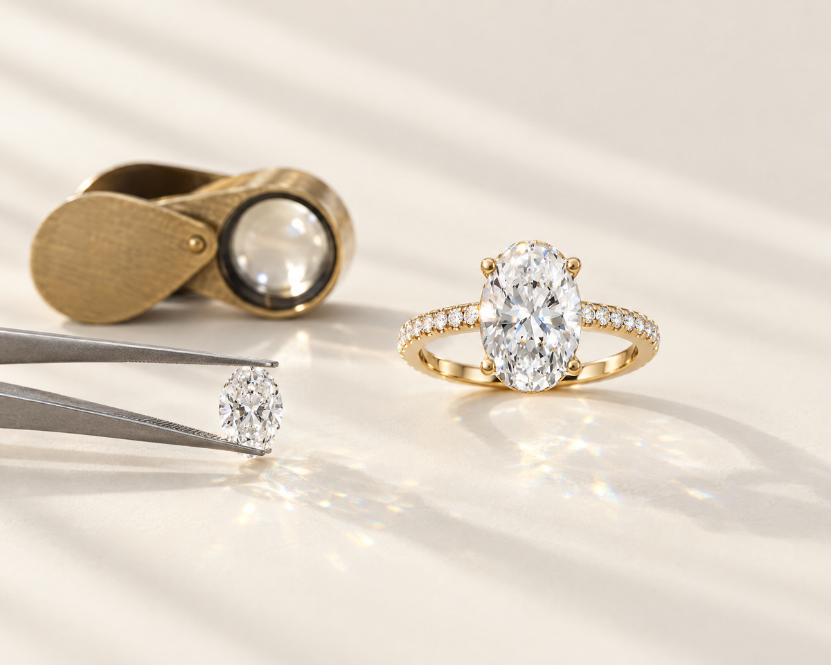 A lab-grown diamond ring beside a loose diamond held in tweezers and a jeweler’s loupe