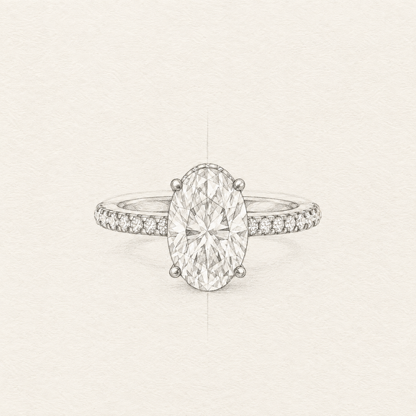 Pencil sketch of an oval engagement ring design