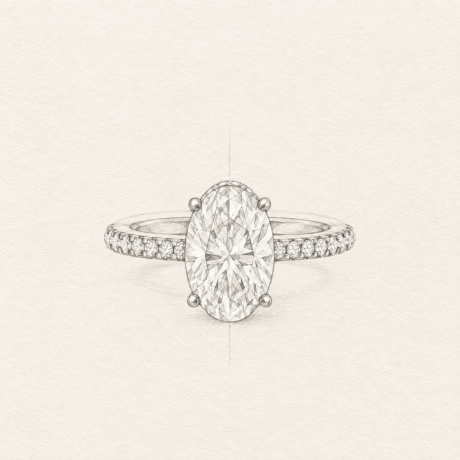 Pencil sketch of an oval engagement ring design
